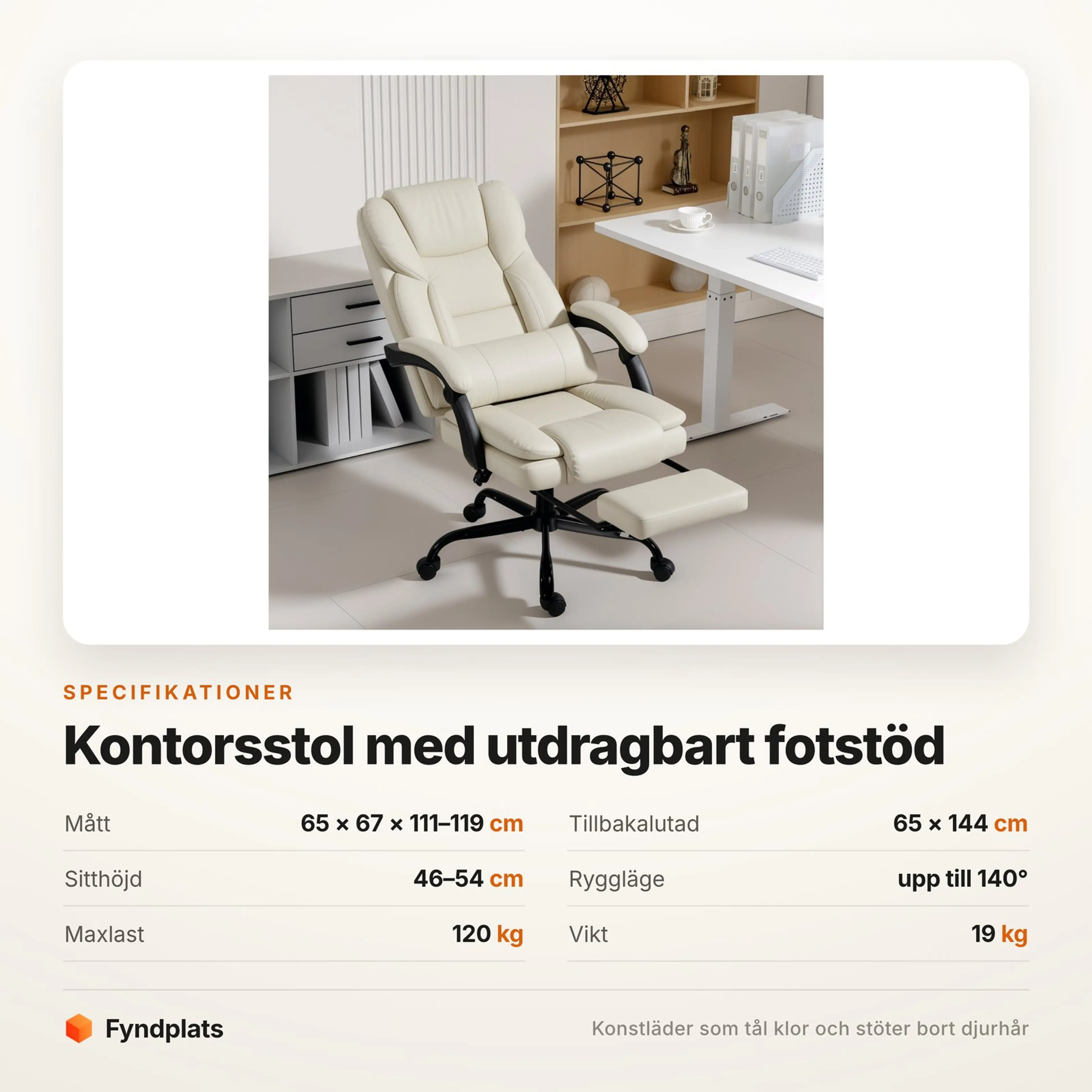 Kontorsstol med utdragbart fotstöd och 140° ryggläge, beige – bild 4