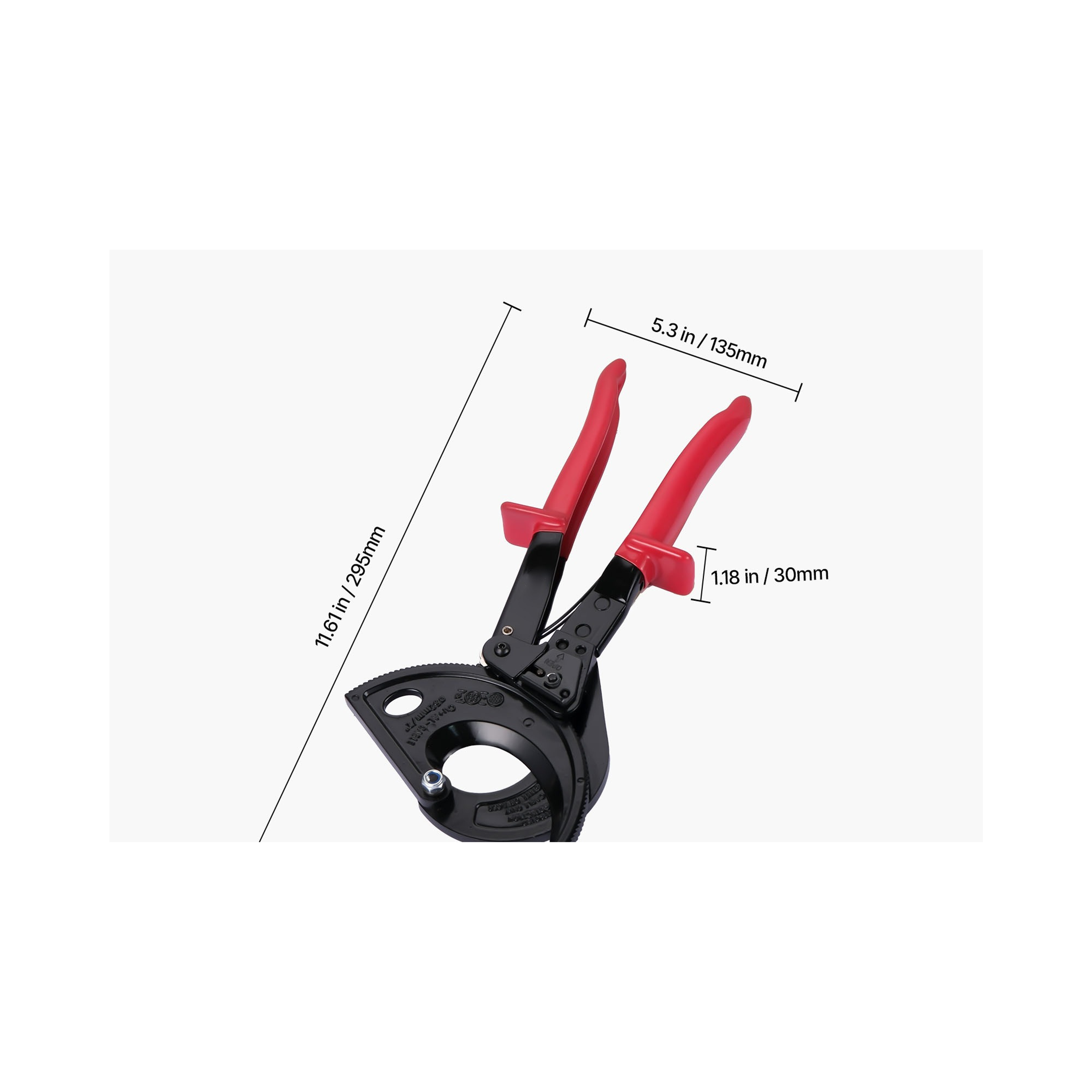 Måttskiss spärrkabelsax 29,5 cm (295 mm) med 135 mm käftbredd