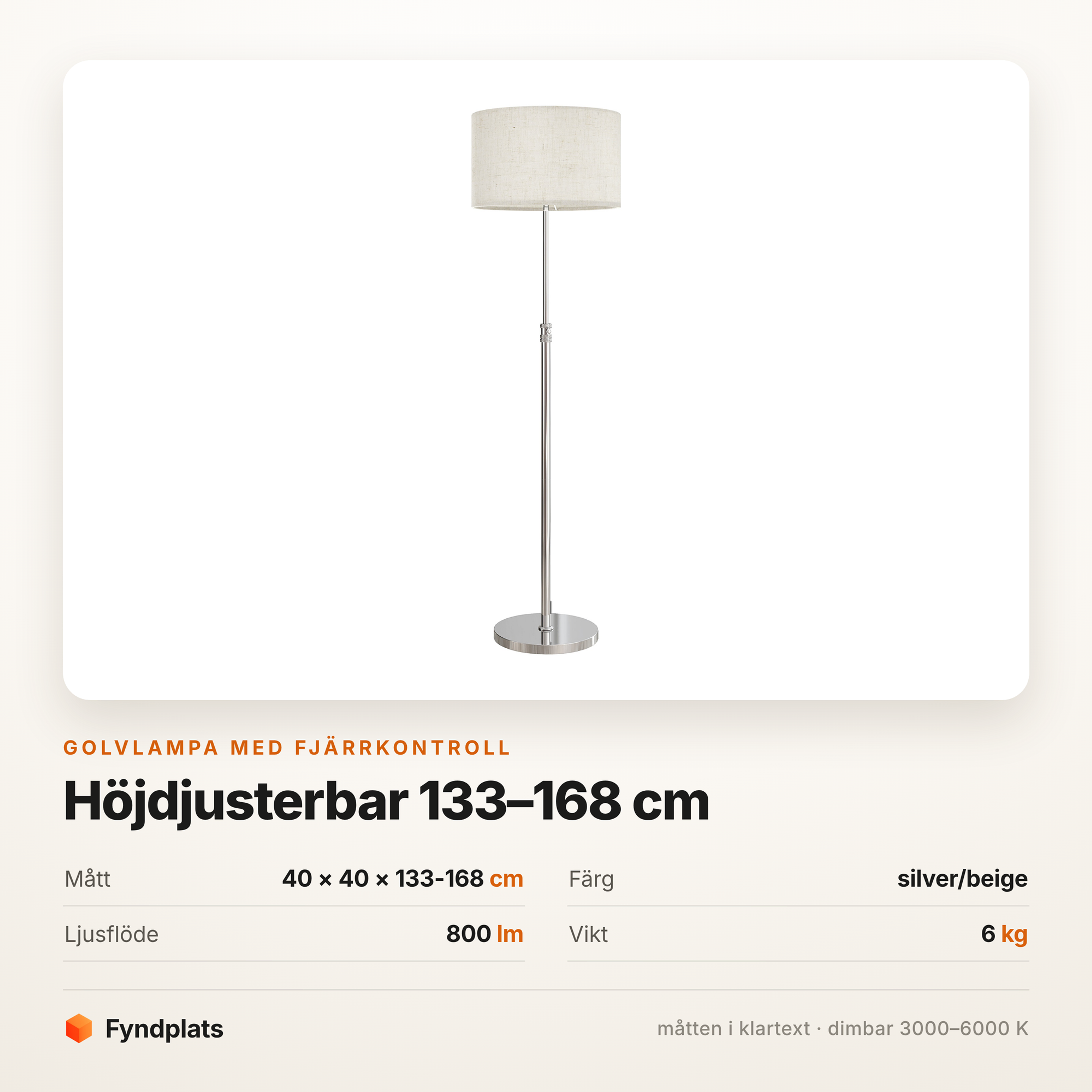 Faktakort: 40 × 40 × 133-168 cm, silver/beige, dimbar 3000–6000 K