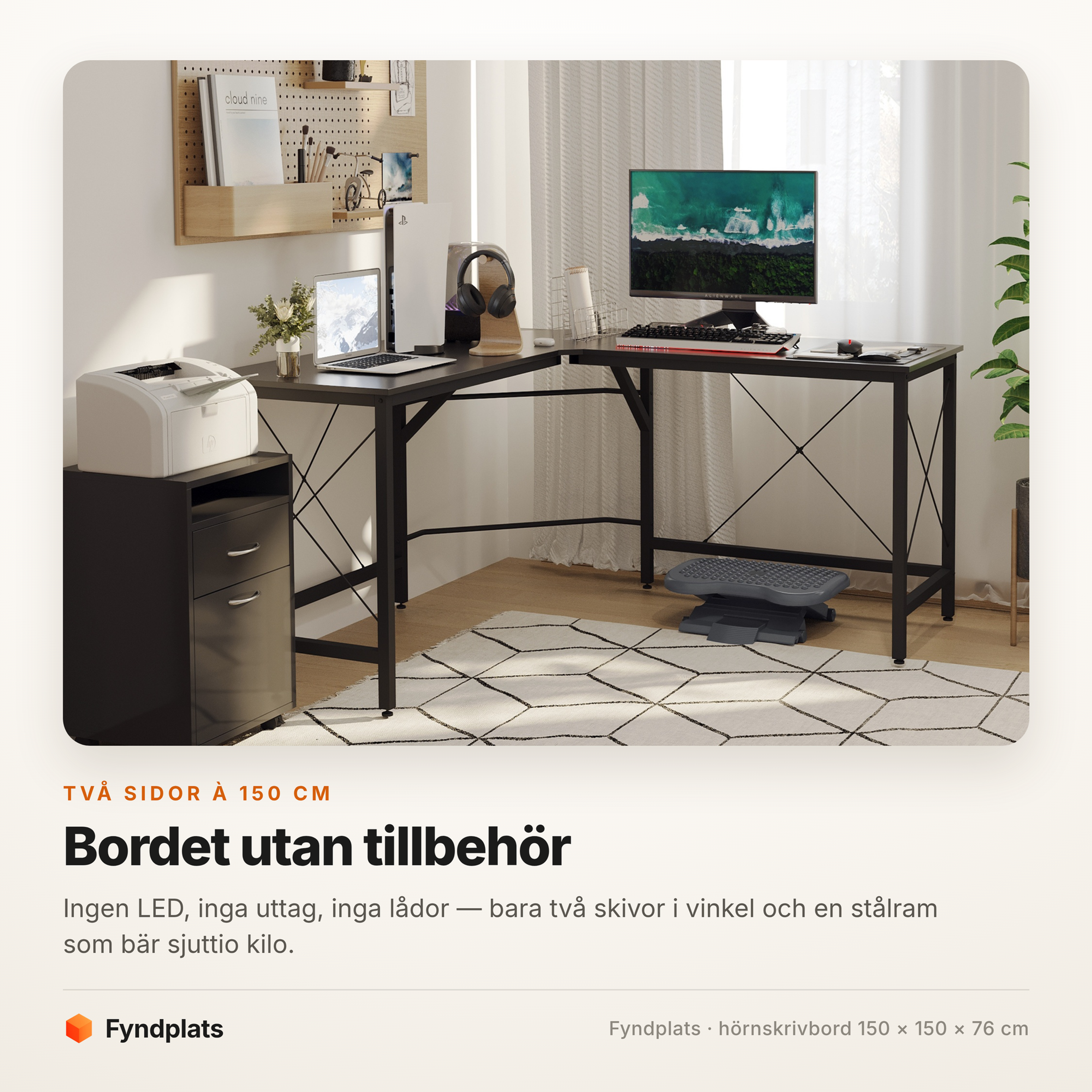 Hörnskrivbord 150 × 150 cm – natur och svart – bild 2