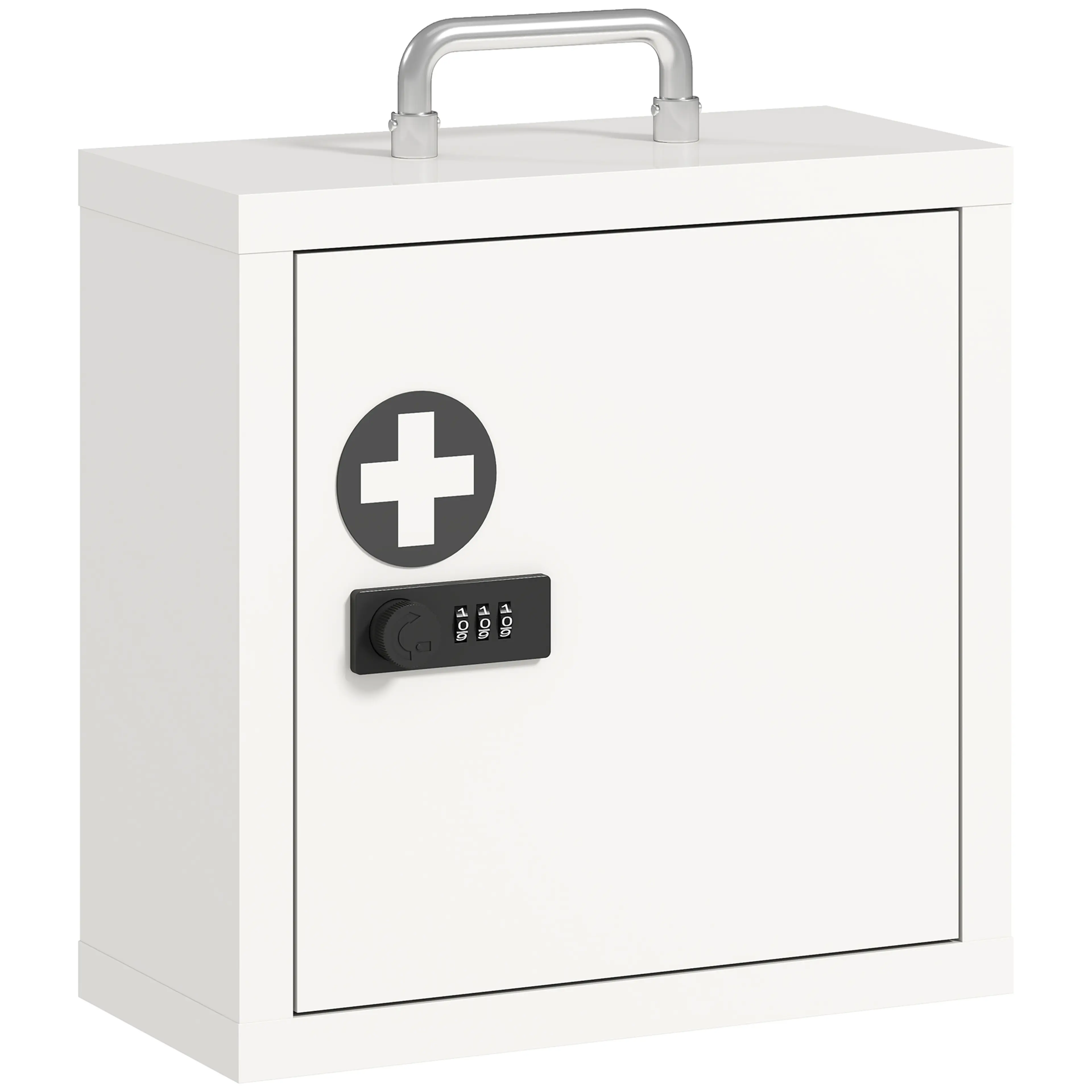 Vitt medicinskåp med grått kors, kodlås och handtag upptill