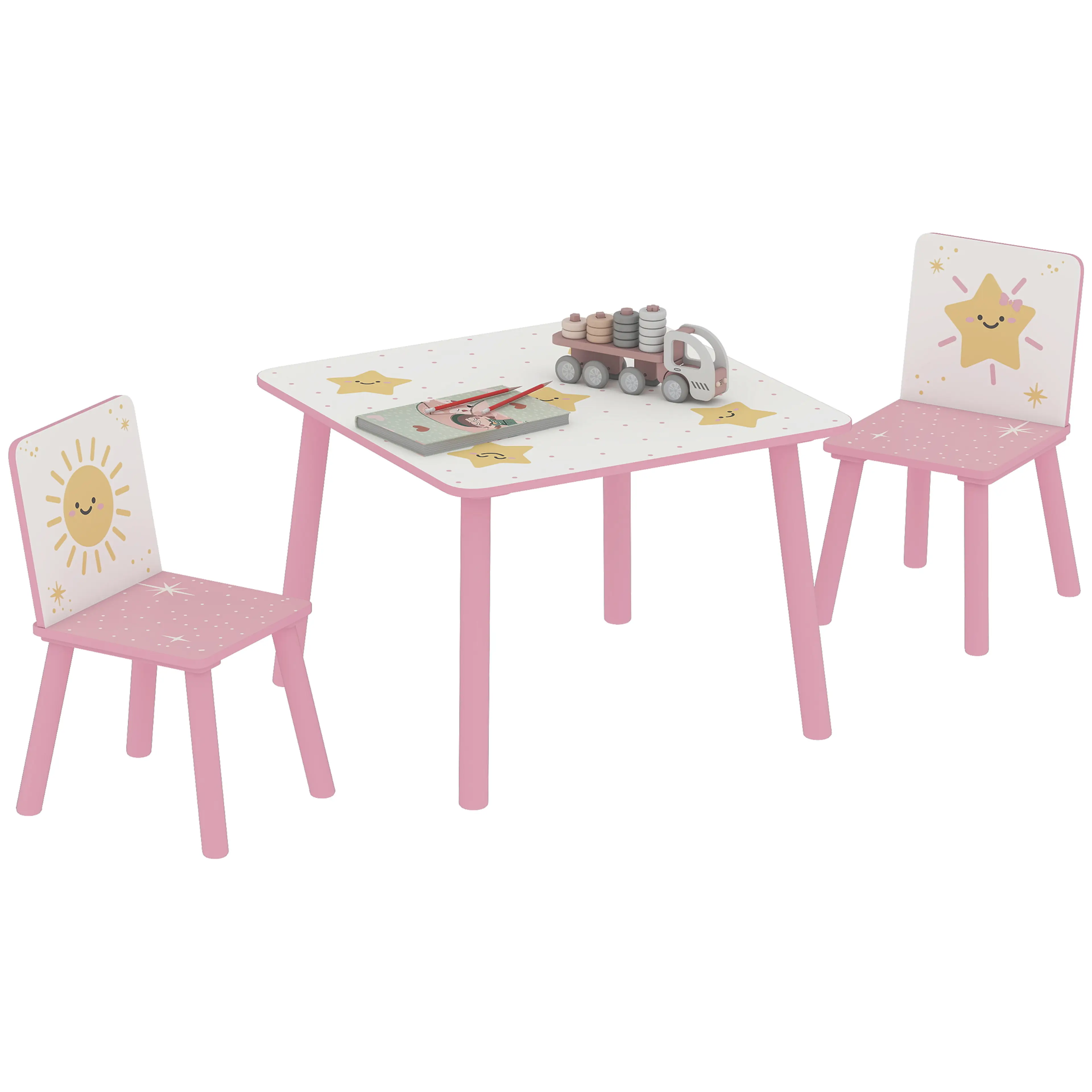 Rosa version av barnbordet med två stolar