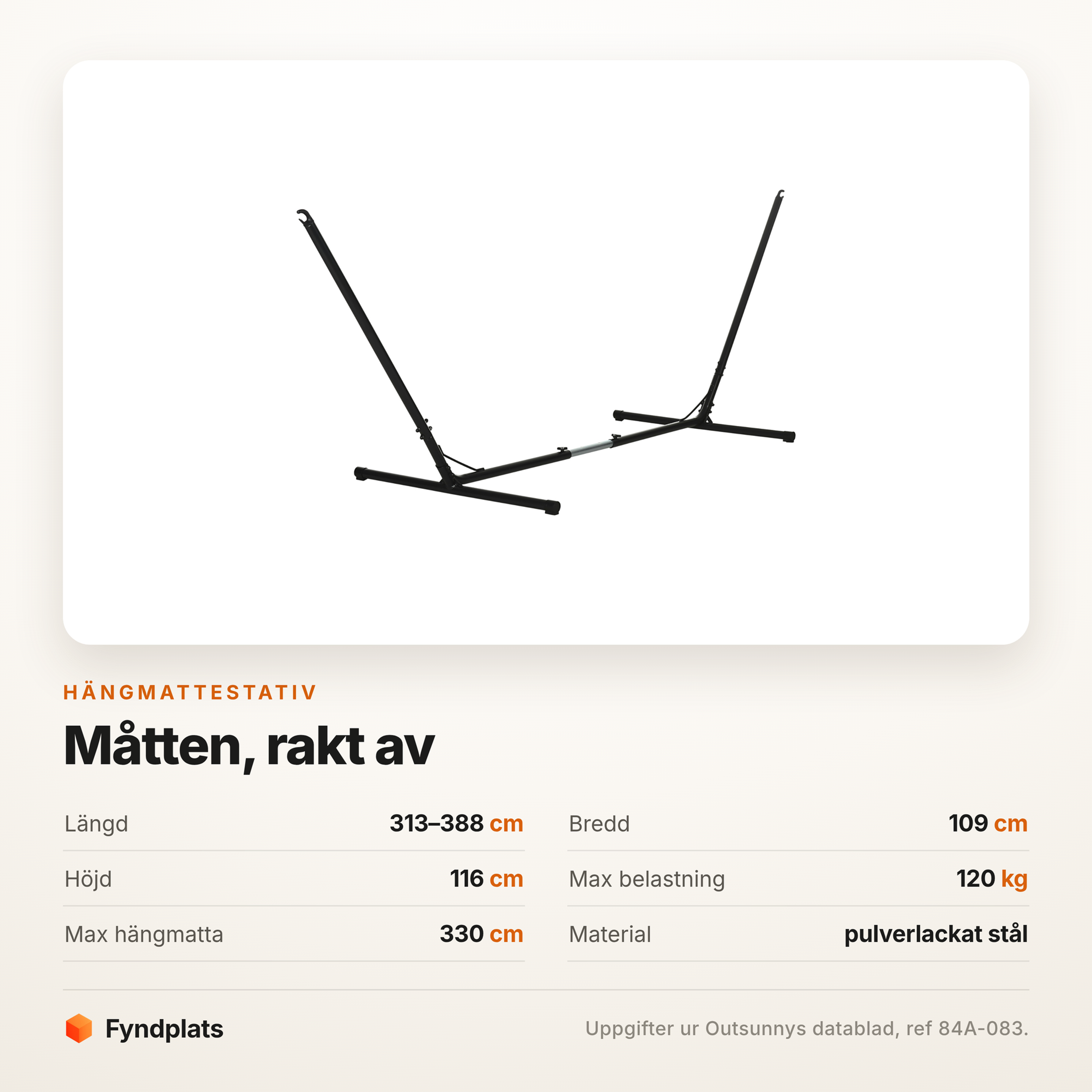 Specifikationskort: längd 313–388 cm, max belastning 120 kg och mattlängd upp till 330 cm