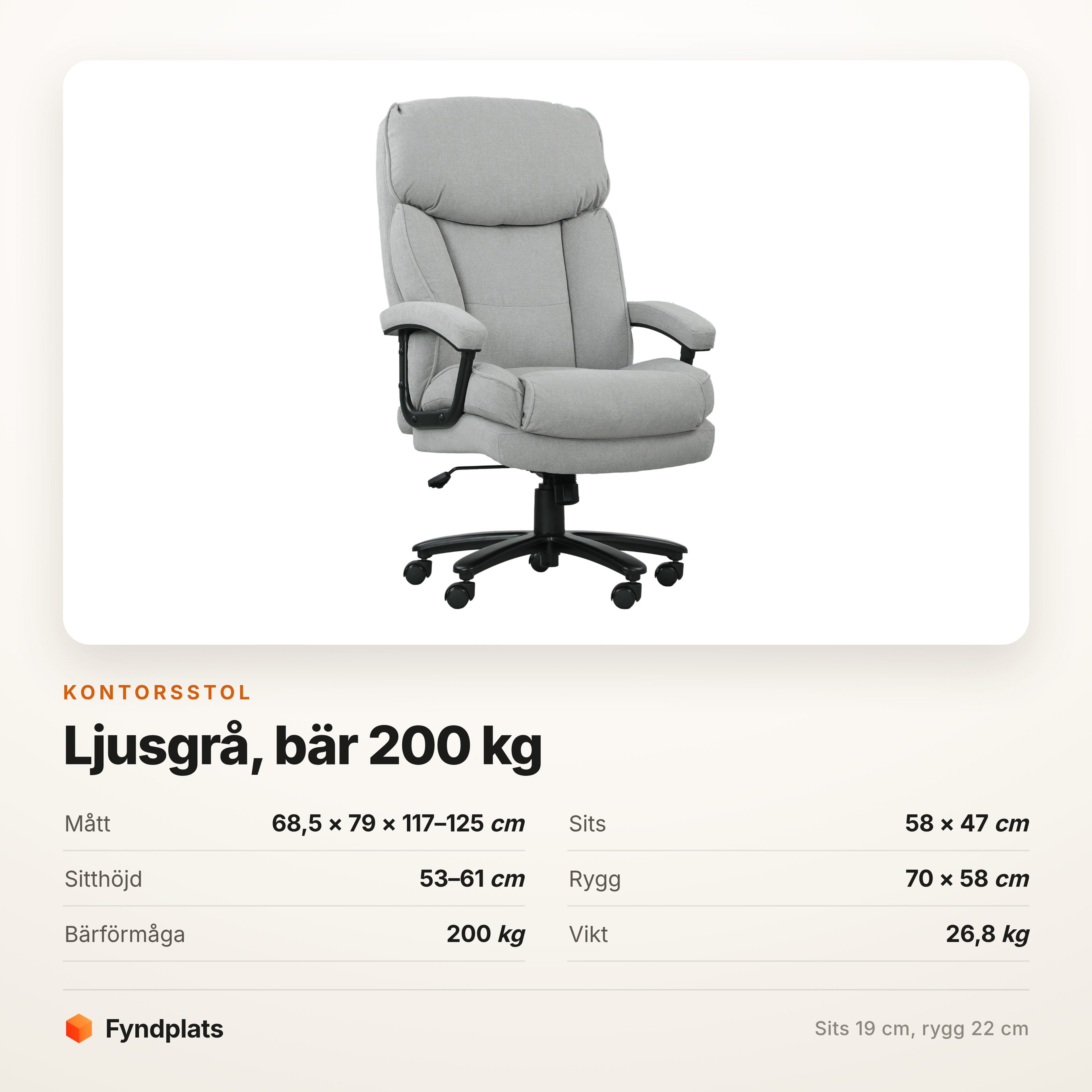 Kontorsstol ljusgrå som bär 200 kg – sitthöjd 53–61 cm – bild 5