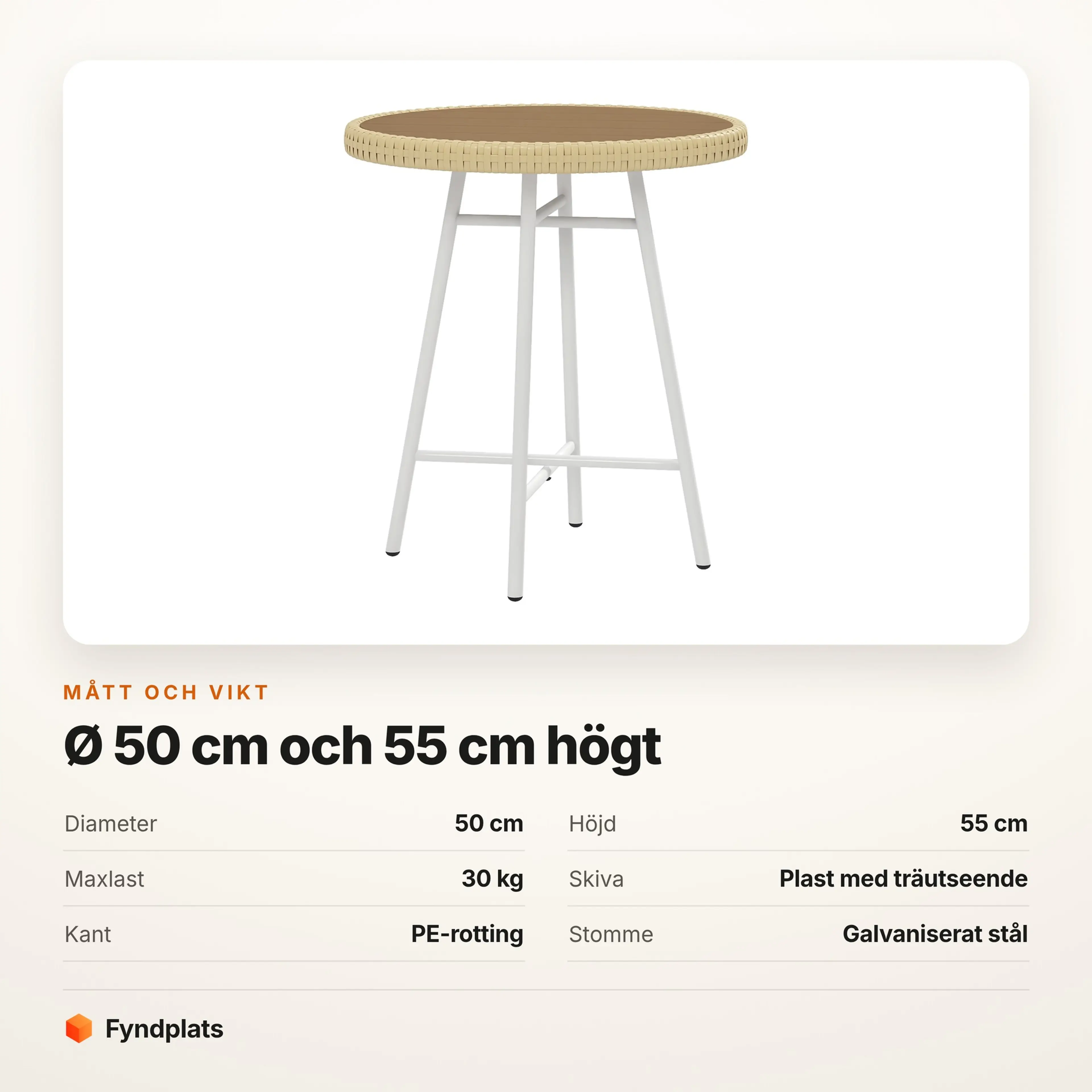 Måttkort för sidobordet med 50 cm diameter, 55 cm höjd och 30 kg maxlast.