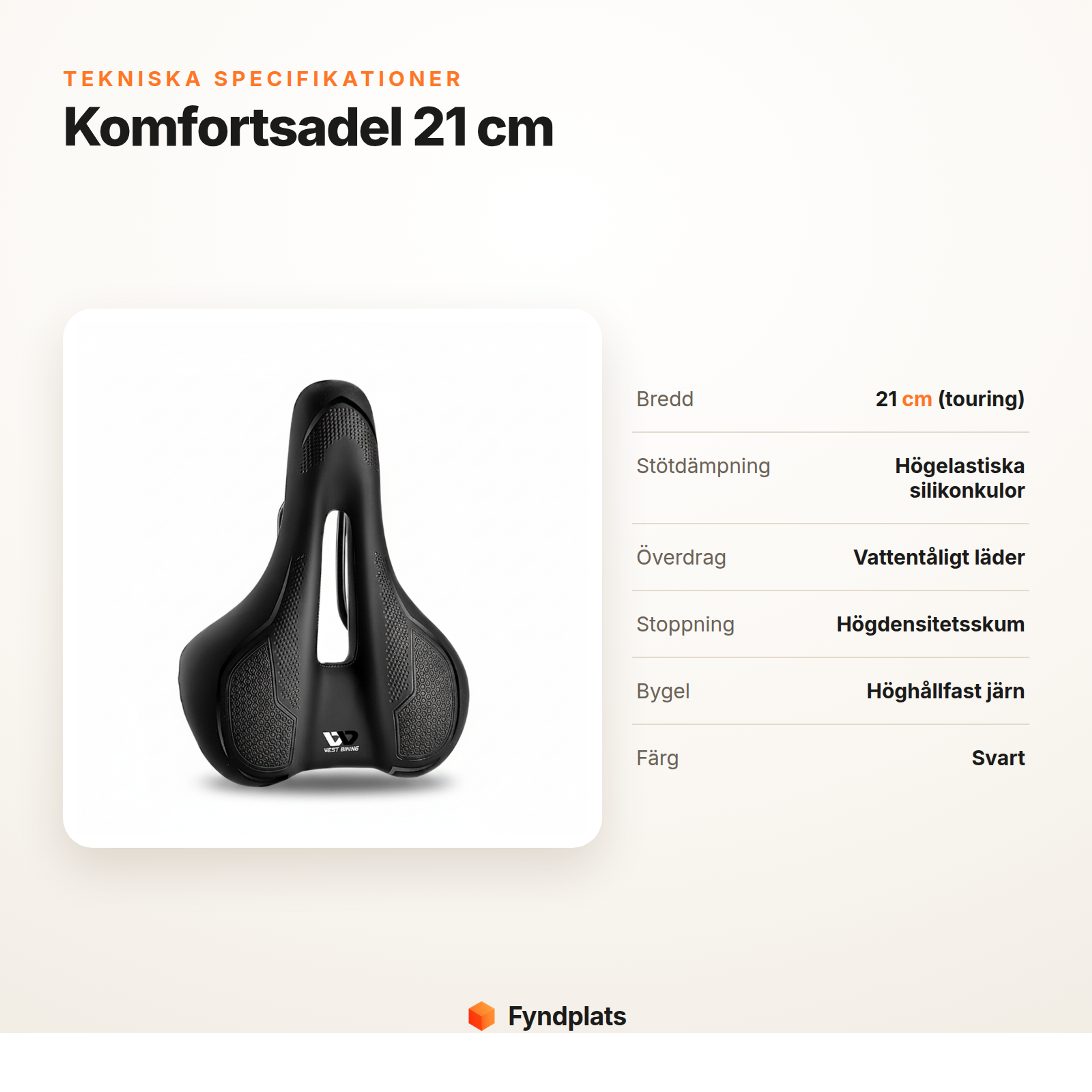 Fyndplats-kort: tekniska specifikationer för komfortsadel 21 cm