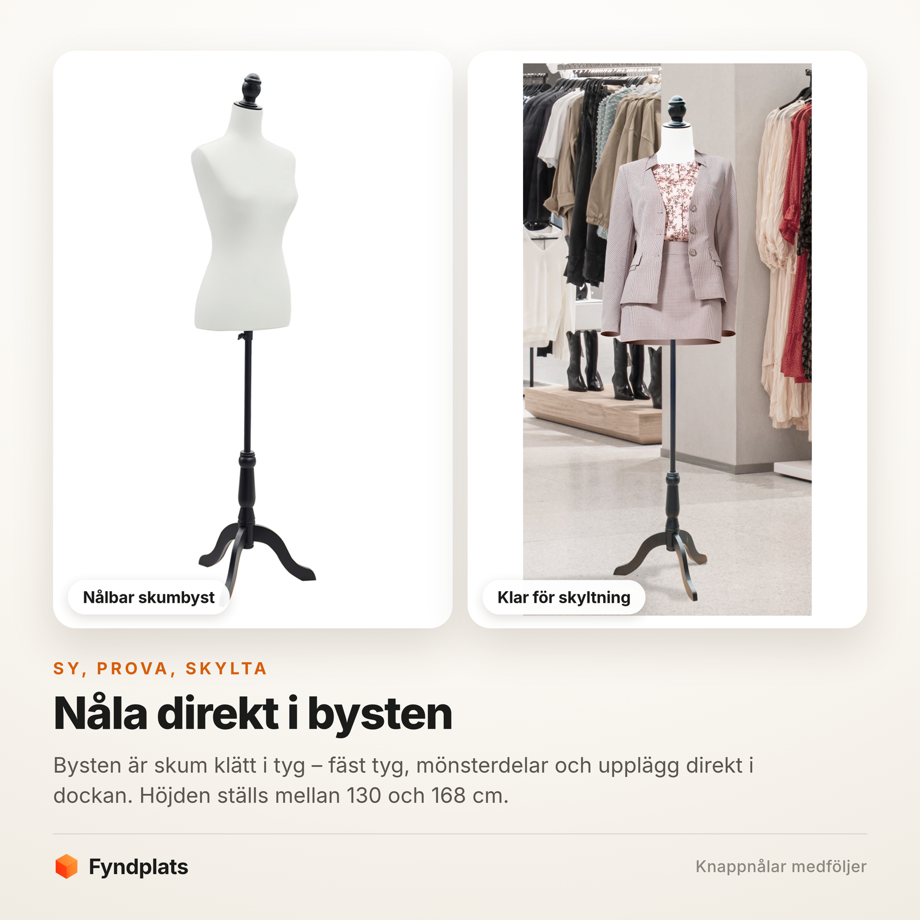 Fyndplats-kort med två foton: provdockan naken med nålbar skumbyst respektive klädd i kavaj och kjol i en klädbutik.