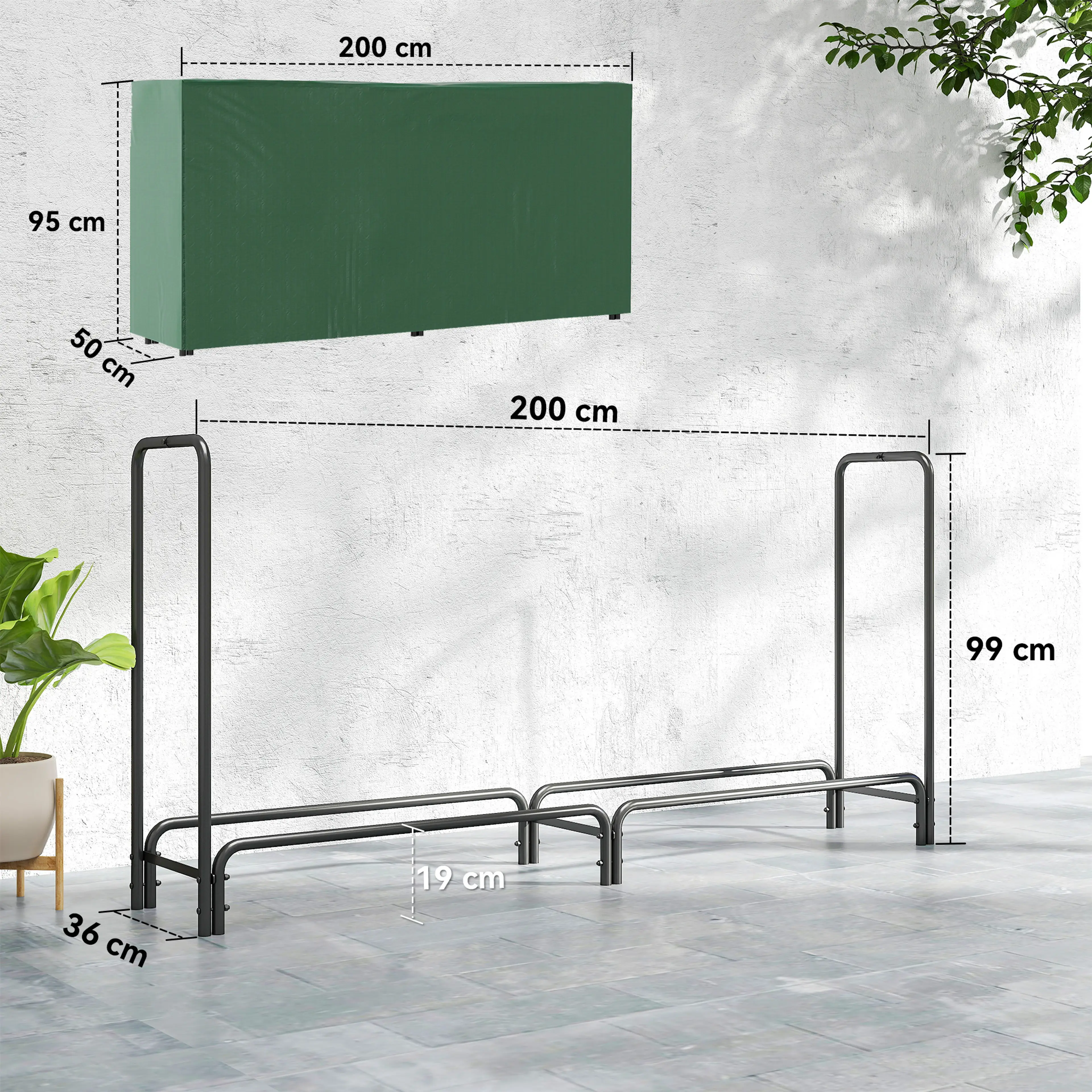 Måttbild: stället är 200 × 36 × 99 cm med botten 19 cm upp, och överdraget 200 × 50 × 95 cm