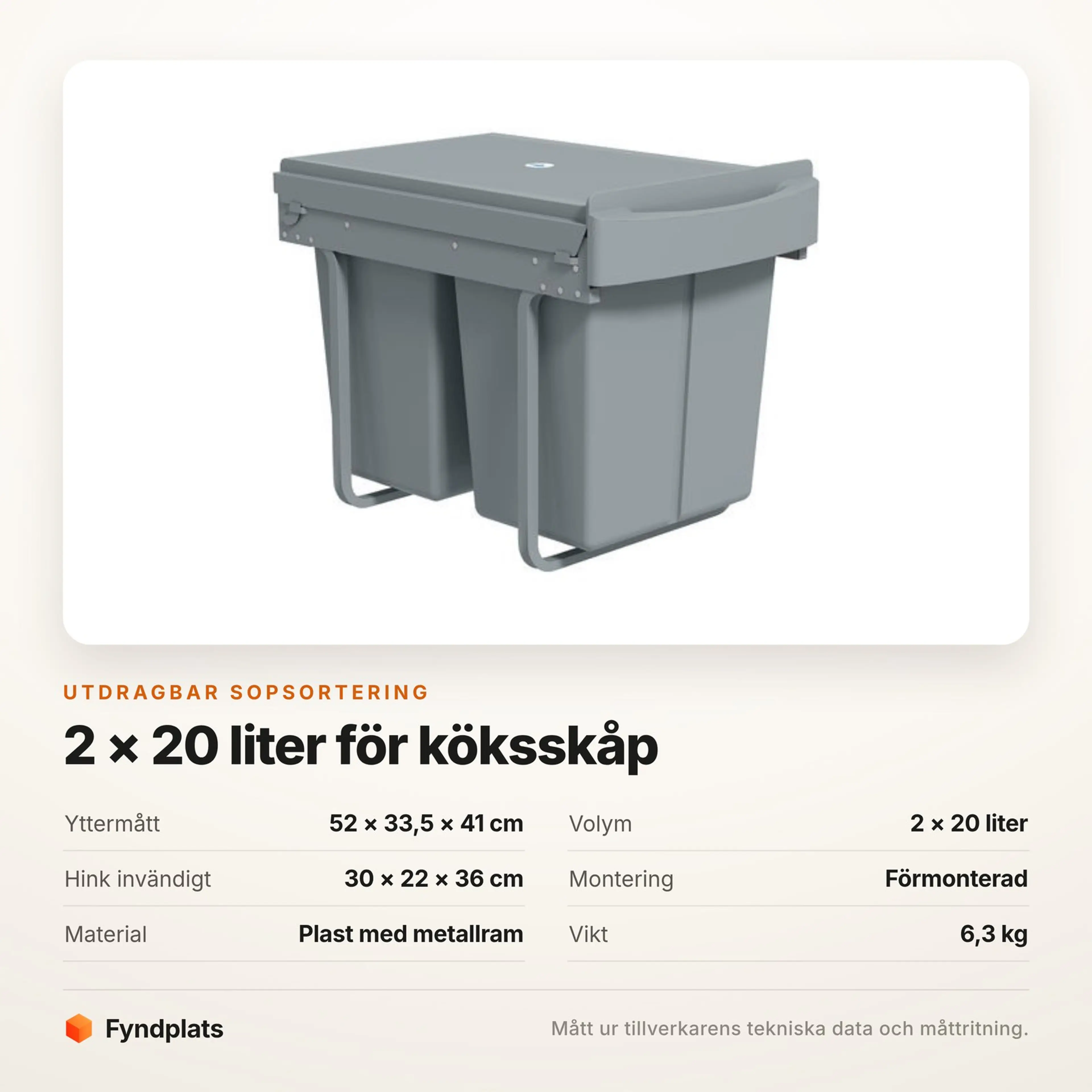 Specifikationskort för den utdragbara sopsorteringen med mått och volym