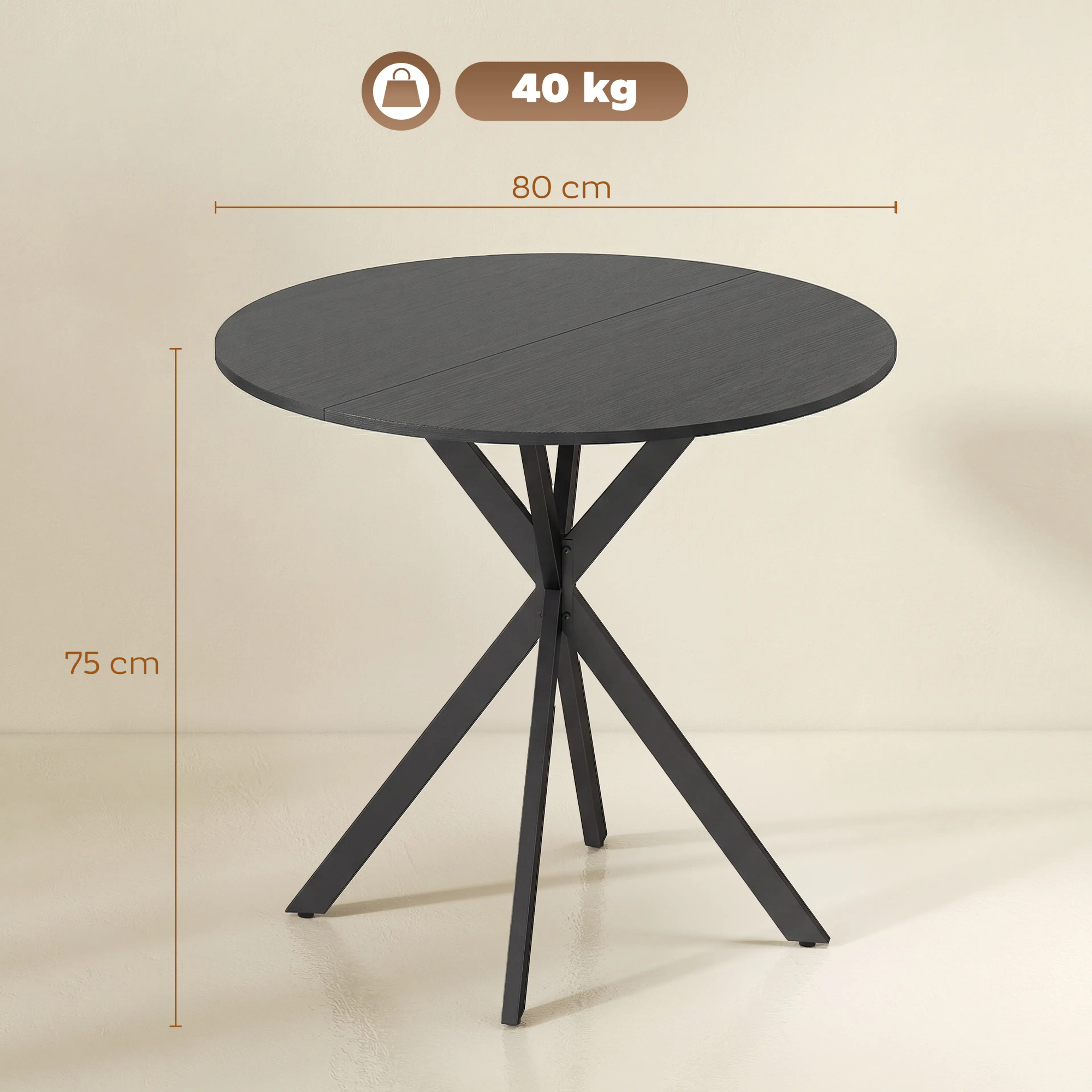 Måttbild: bordet är 80 cm i diameter och 75 cm högt, och bär 40 kg