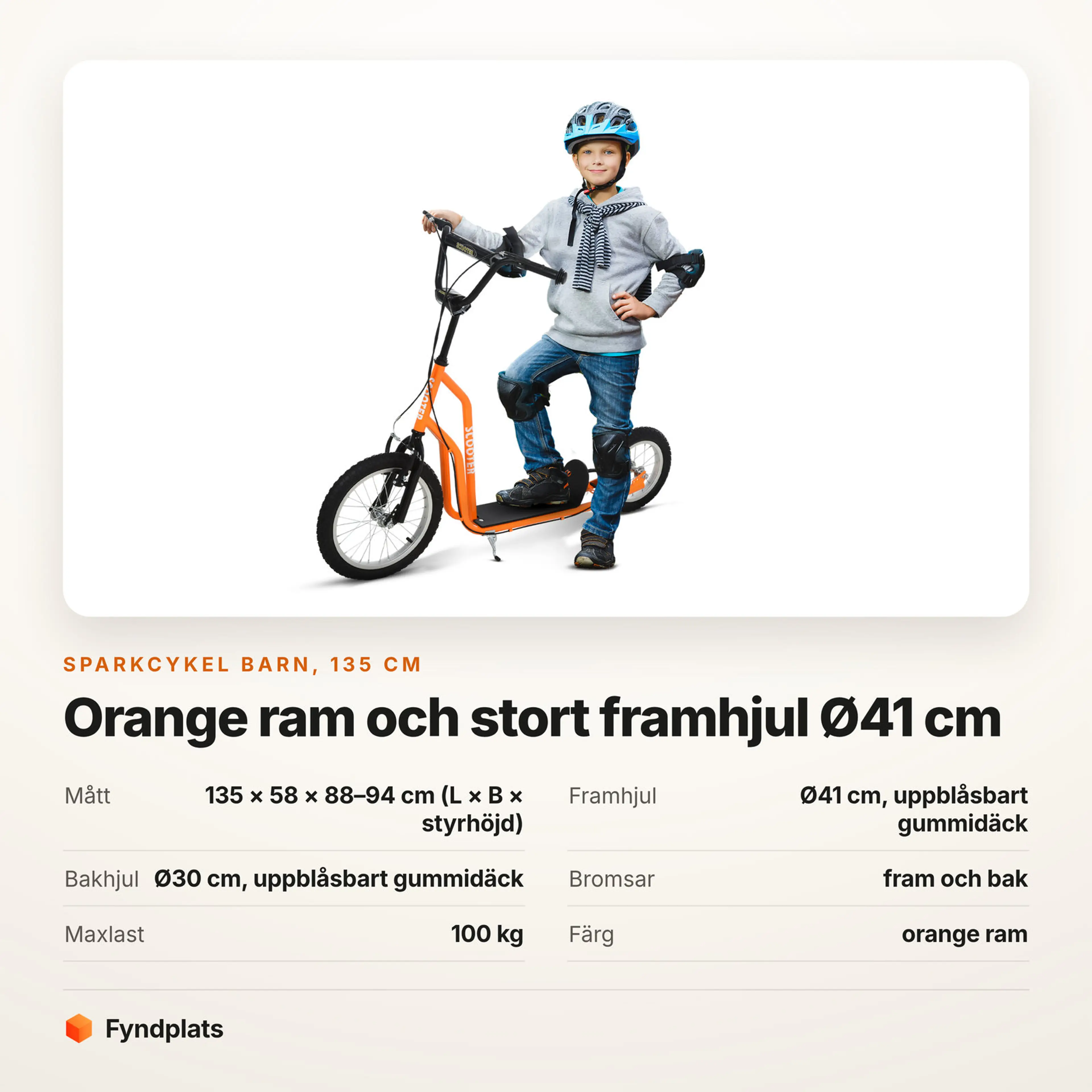 Faktakort för orange sparkcykel barn: framhjul Ø41 cm och bakhjul Ø30 cm