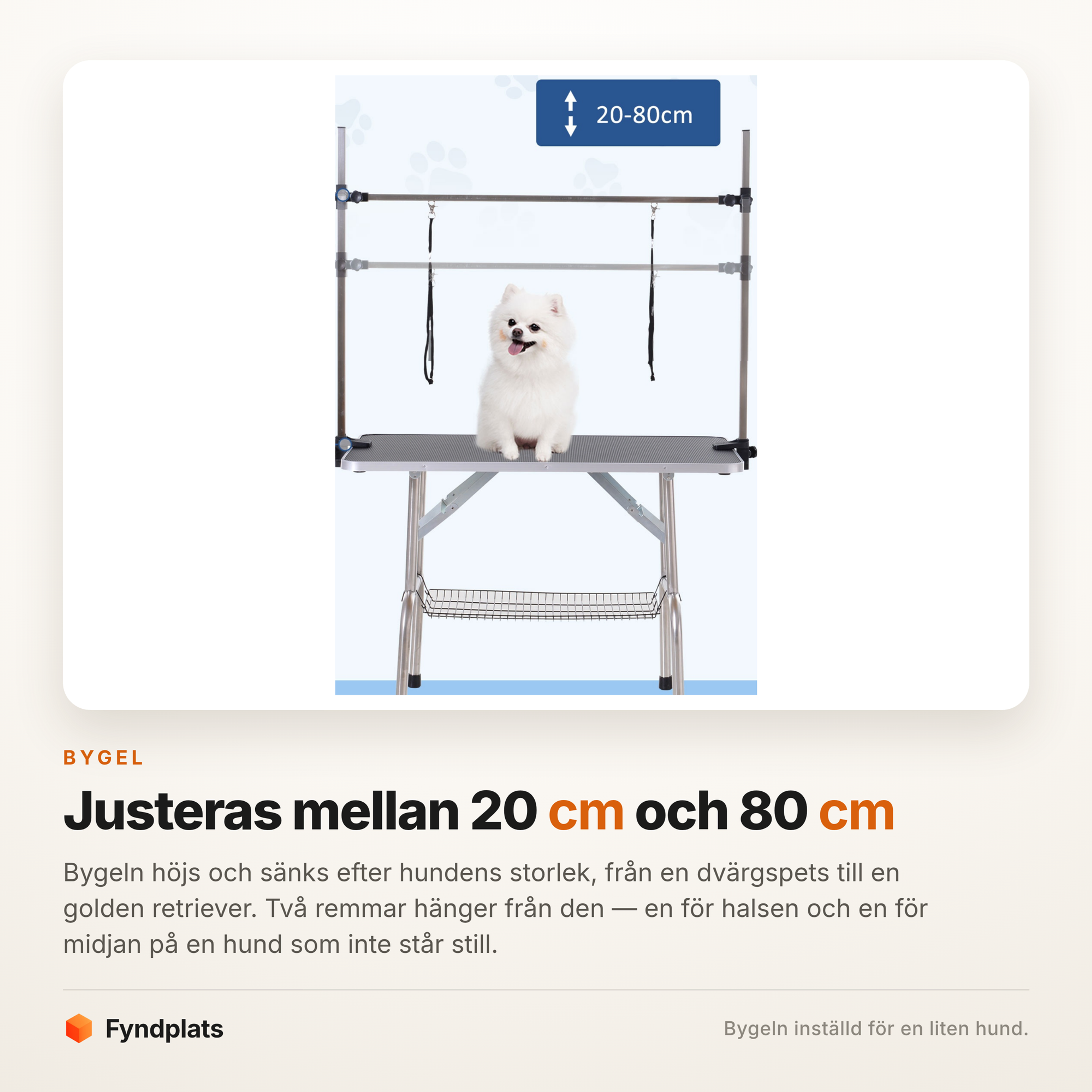 Bygeln inställd i lågt läge med en liten hund på bordet