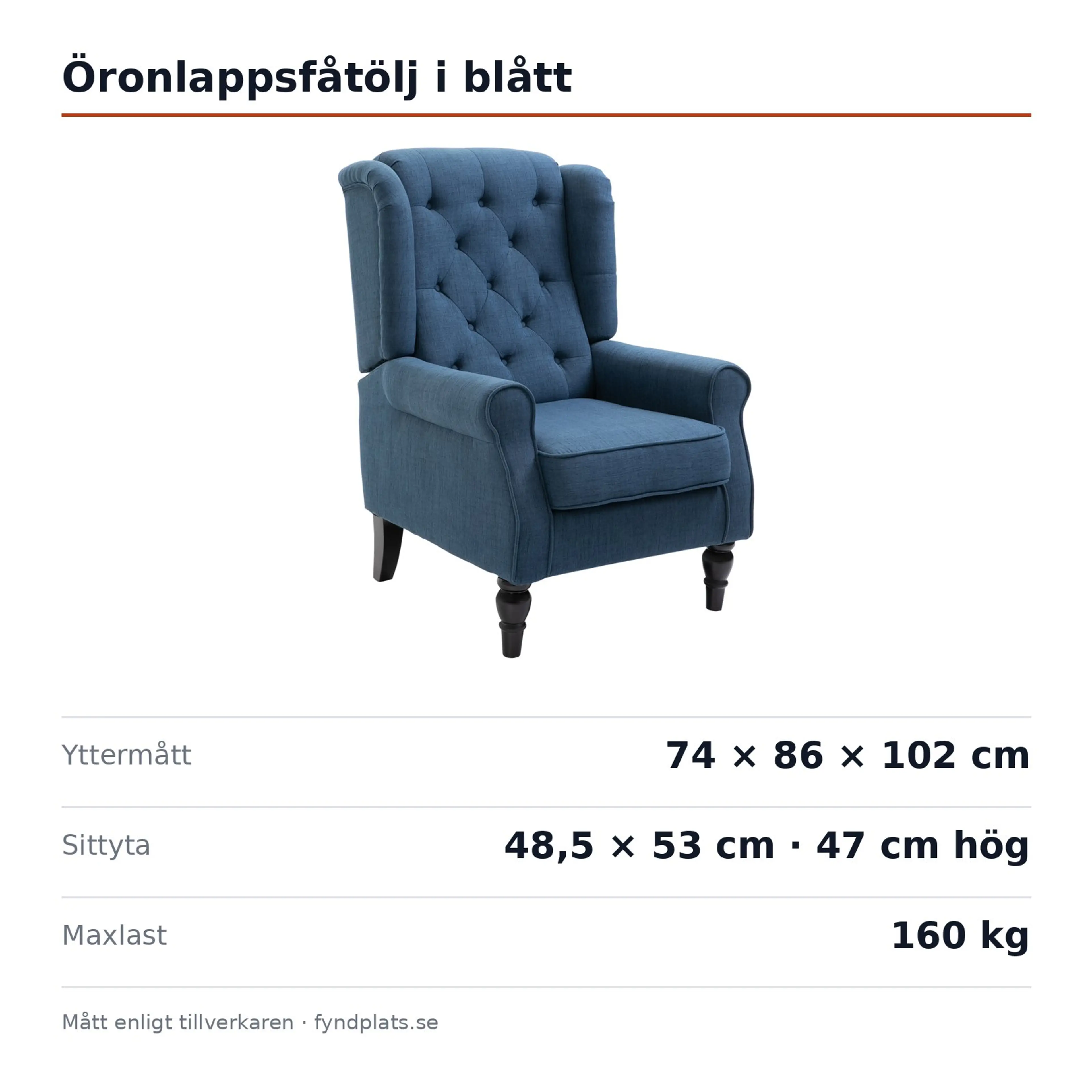 Spec-kort: öronlappsfåtölj 74 × 86 × 102 cm, sittyta 48,5 × 53 cm, maxlast 160 kg