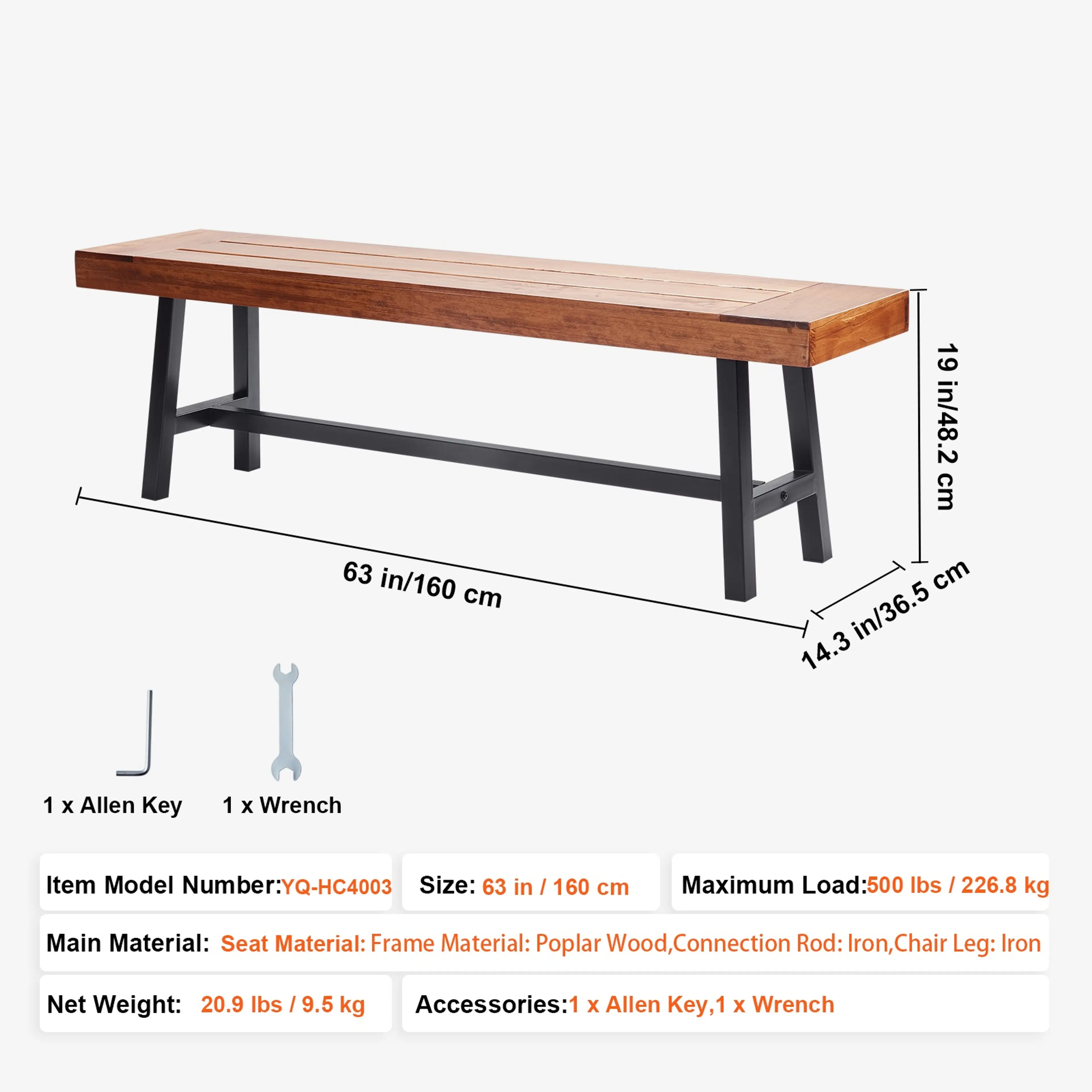 Mått träbänk 63 tum (160 cm) – ryggstödslös sittbänk i trä, tål 227 kg