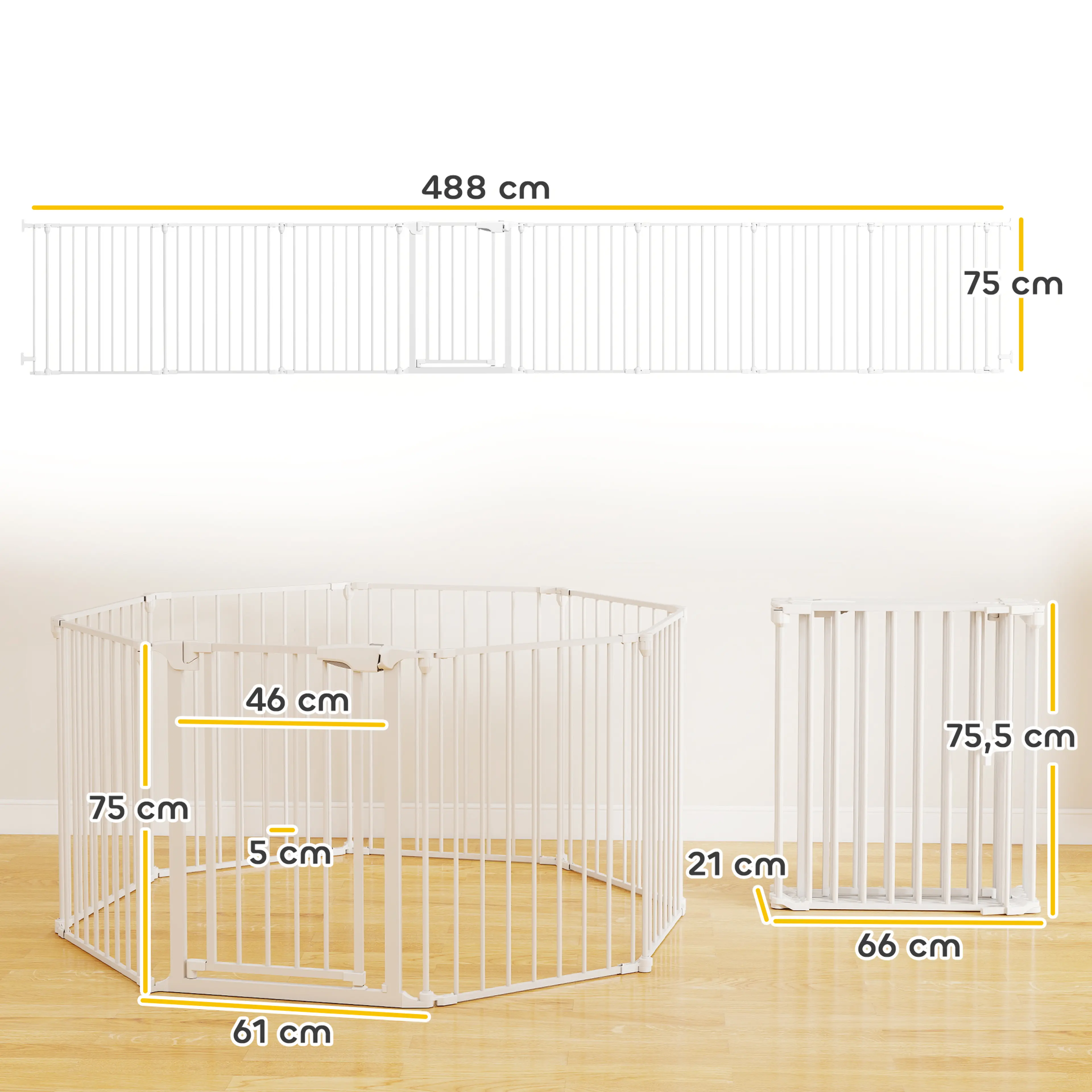 Måttskiss: hagen 488 cm utfälld och 75 cm hög, panel 61 cm och grind 46 cm