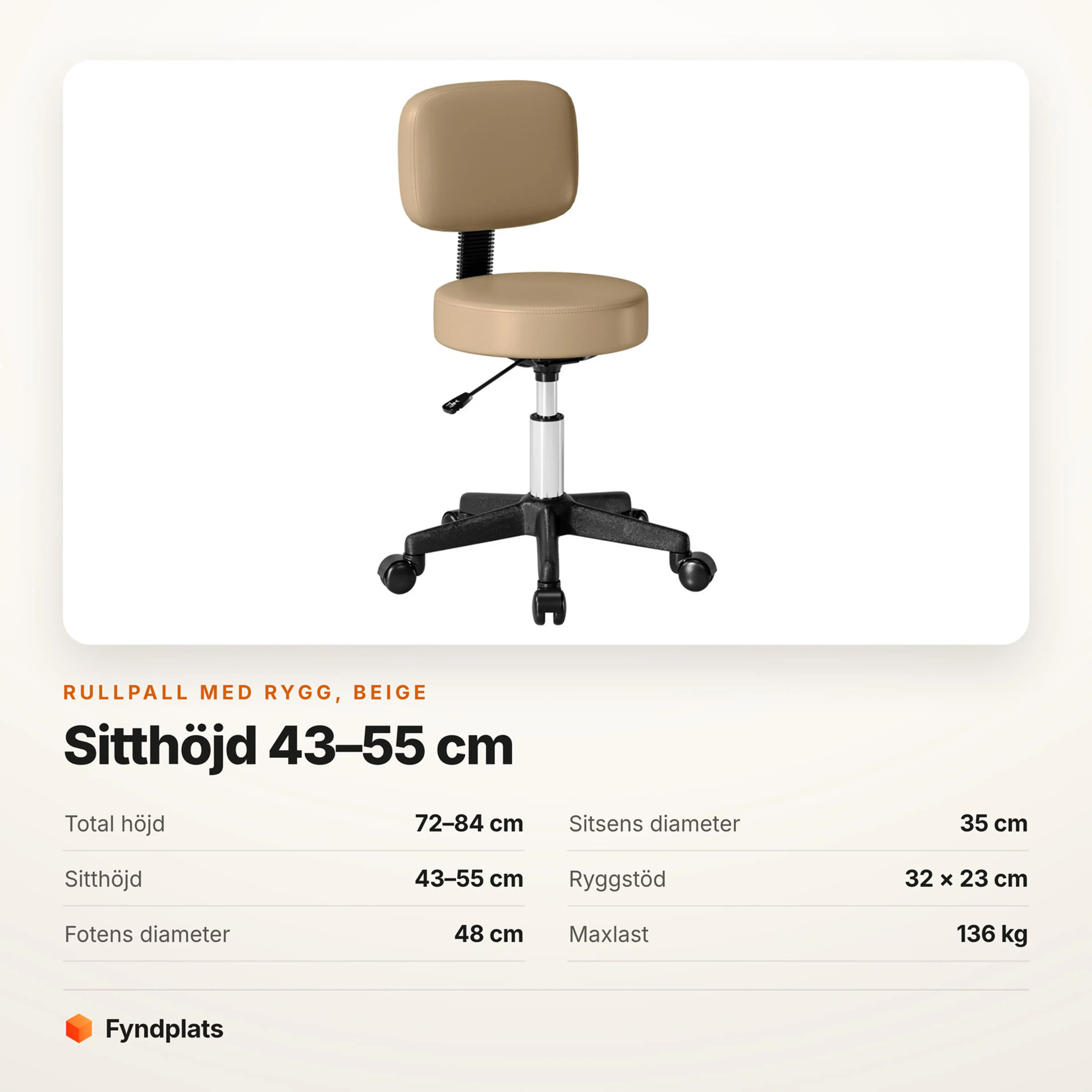 Faktakort från Fyndplats: beige rullpall med rygg, mått och maxlast