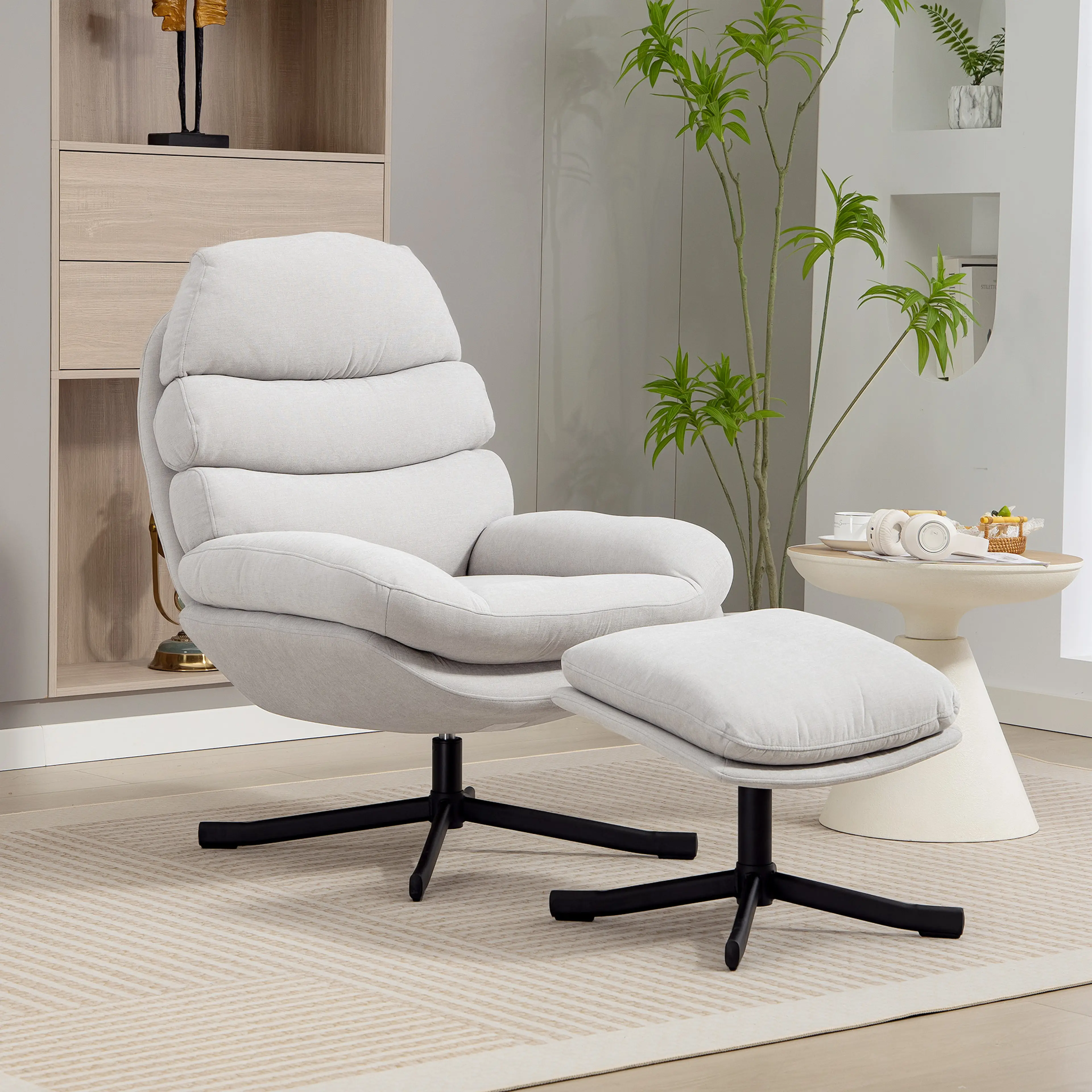 Loungefåtölj med fotpall i chenille, 360° snurrfot – ljusgrå – bild 2