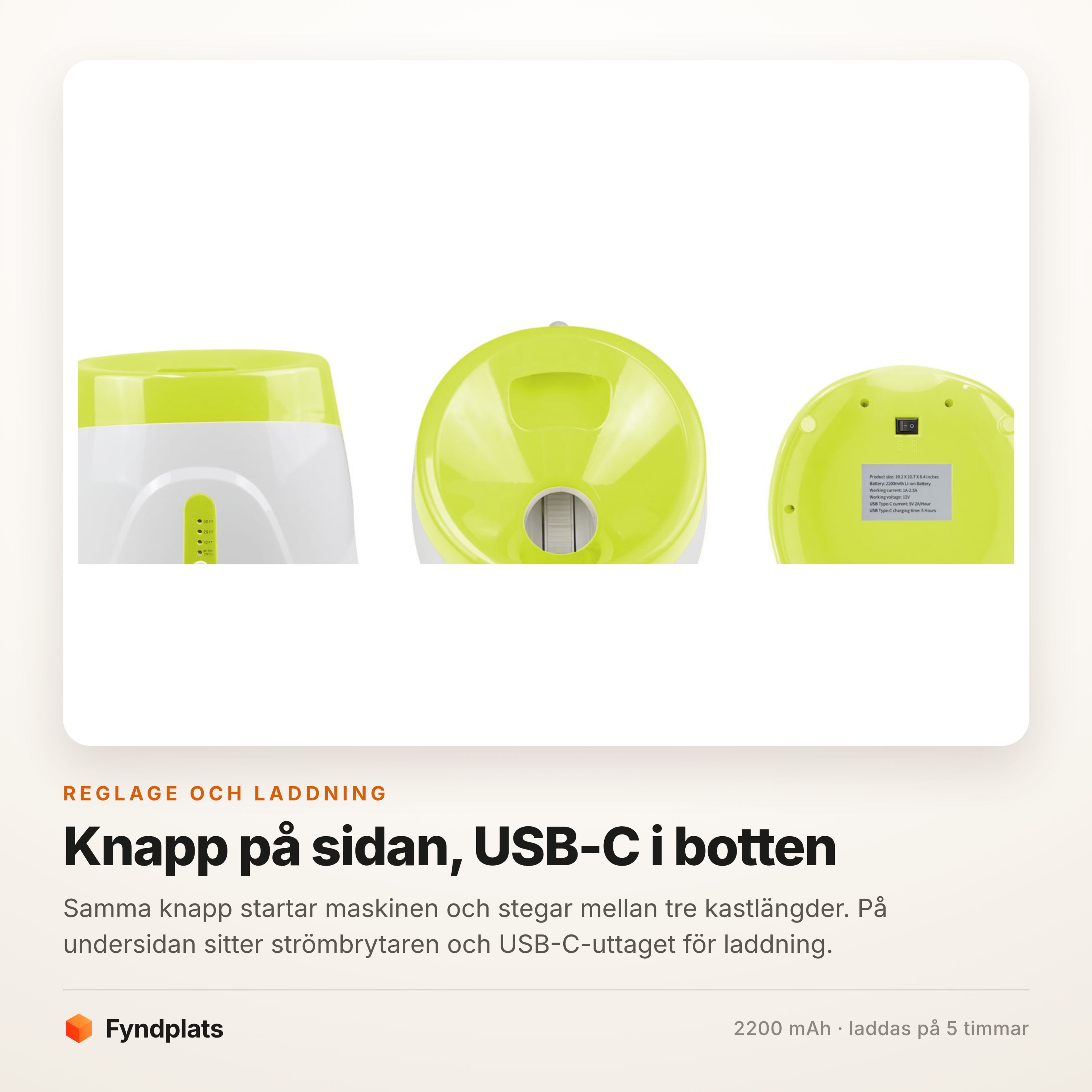 Bollkastarens strömknapp på sidan och USB-C-uttaget i botten