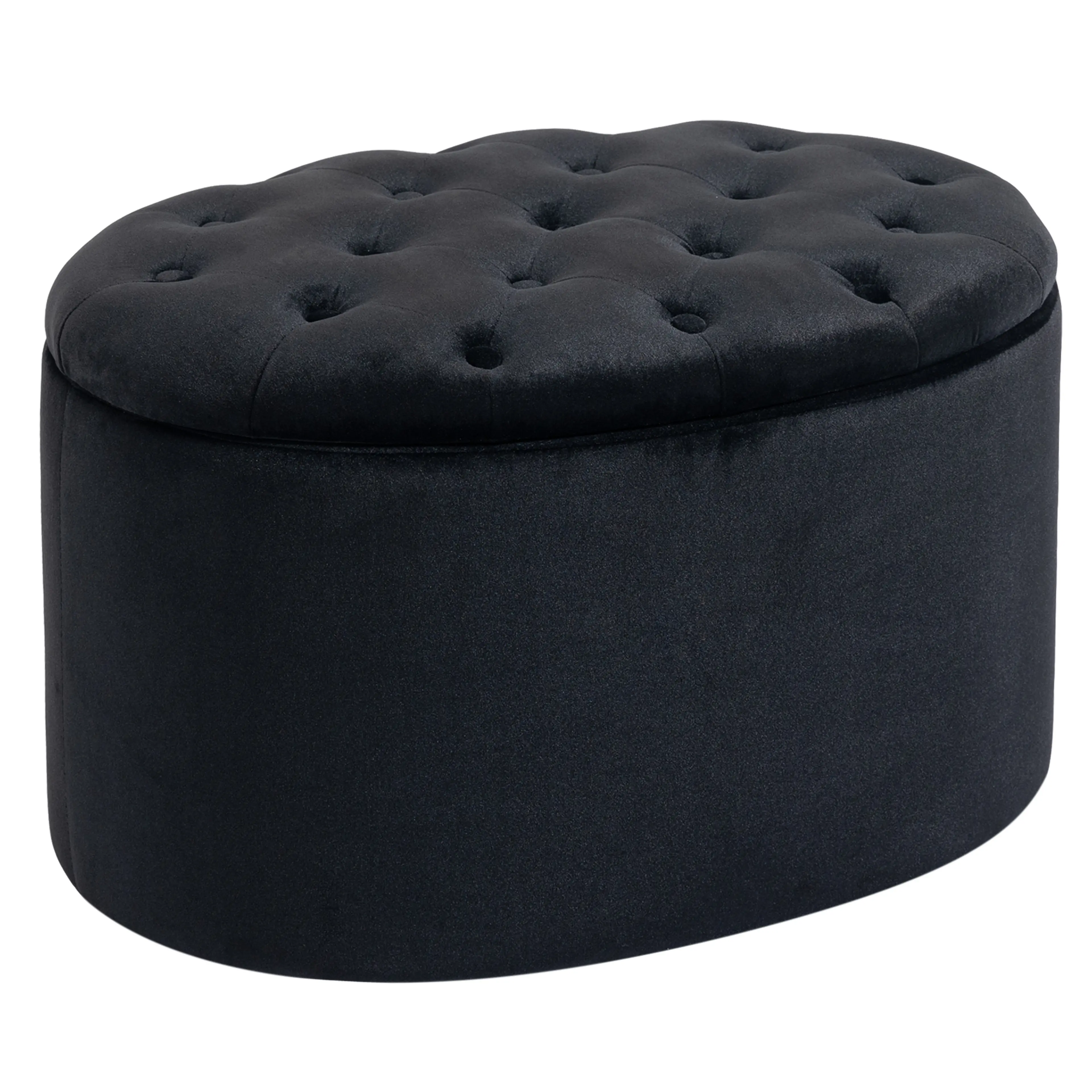 Oval sittpuff i svart knappklädd sammetslook, mot vit bakgrund