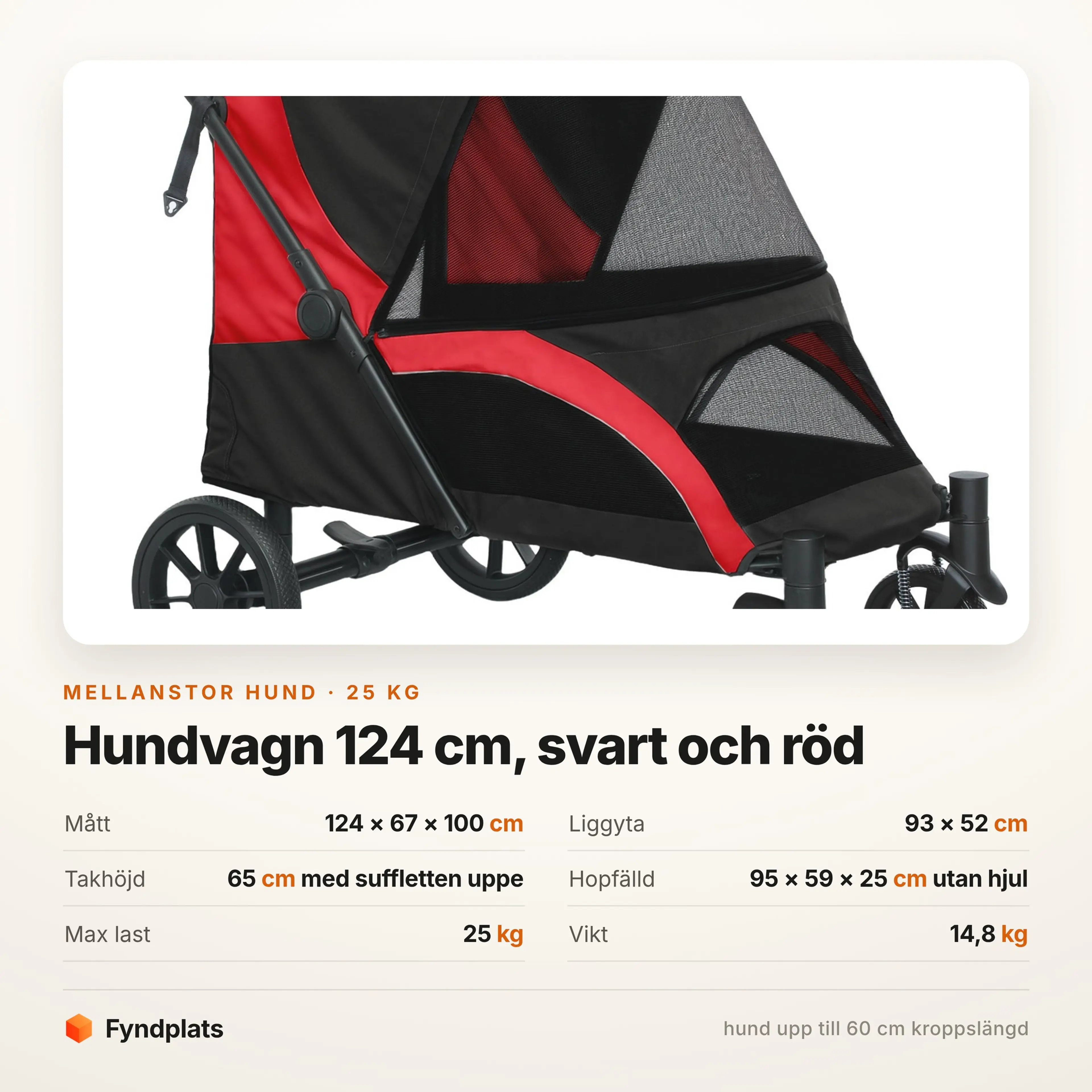 Faktakort: hundvagn 124 cm, liggyta 93 x 52 cm, max last 25 kg
