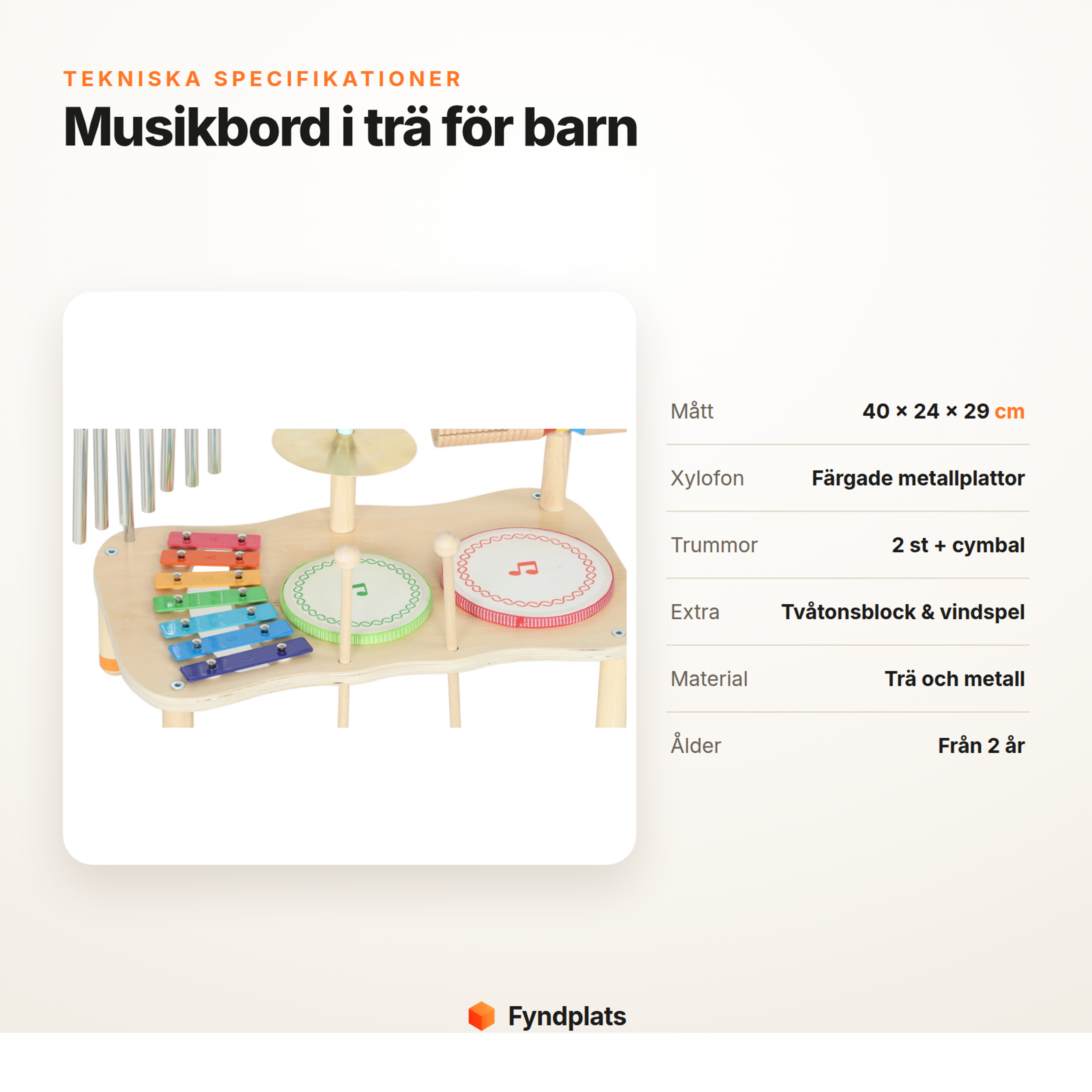 Fyndplats specifikationskort för musikbord i trä med mått, instrument, material och ålder