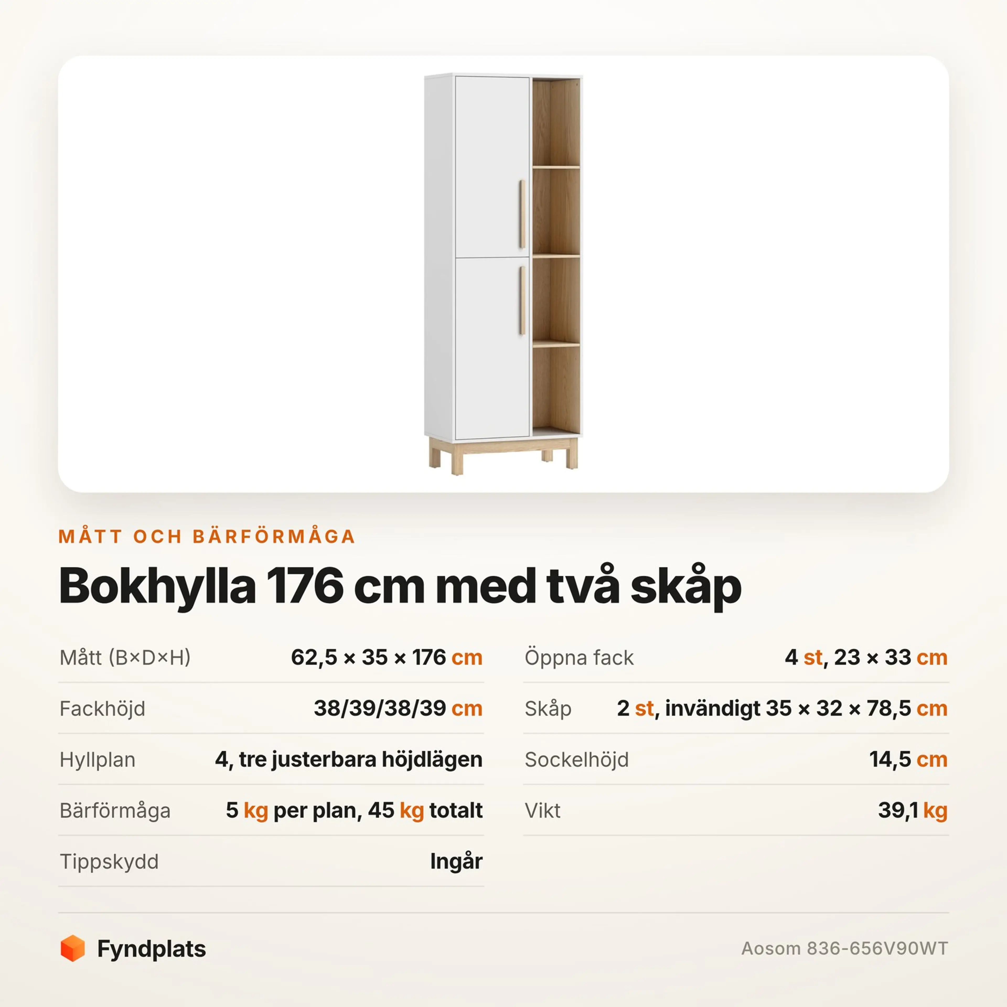 Fyndplats specifikationskort för bokhylla med två skåp, mått och bärförmåga