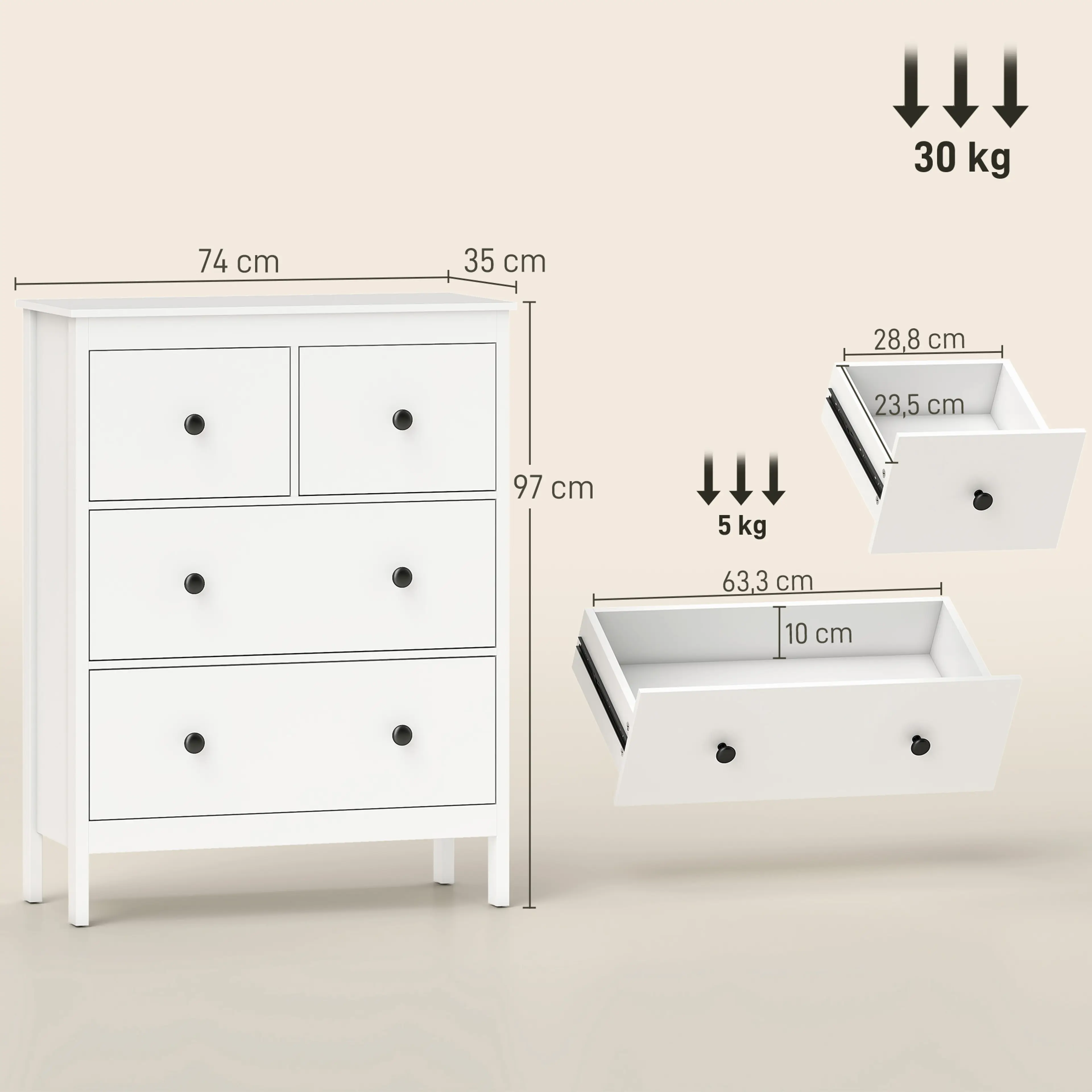 Måttritning: 74 × 35 × 97 cm, liten låda 28,8 × 23,5 cm och bred låda 63,3 cm