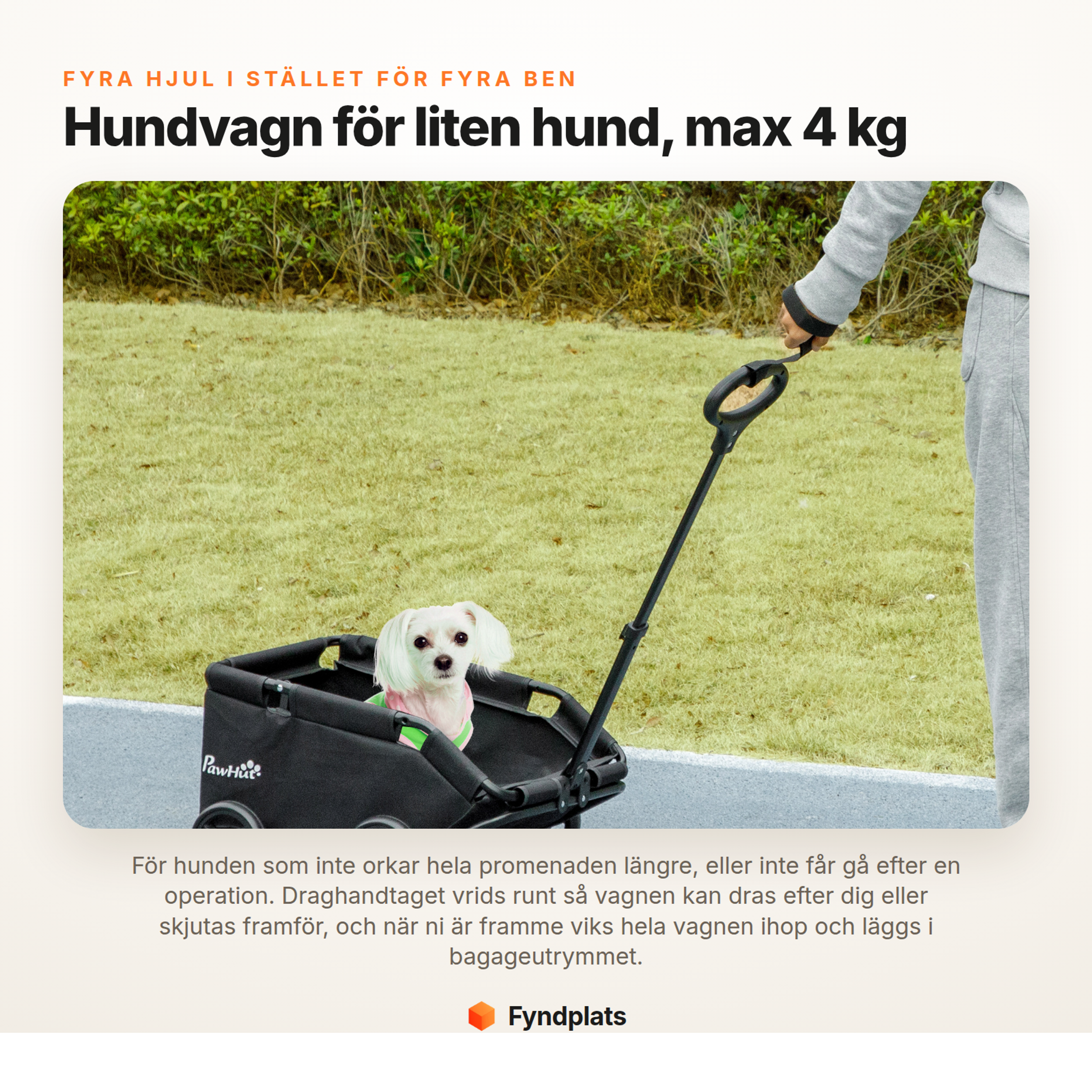 Kort med hundvagnen på en gräsmatta och uppgiften om maxlast fyra kilo