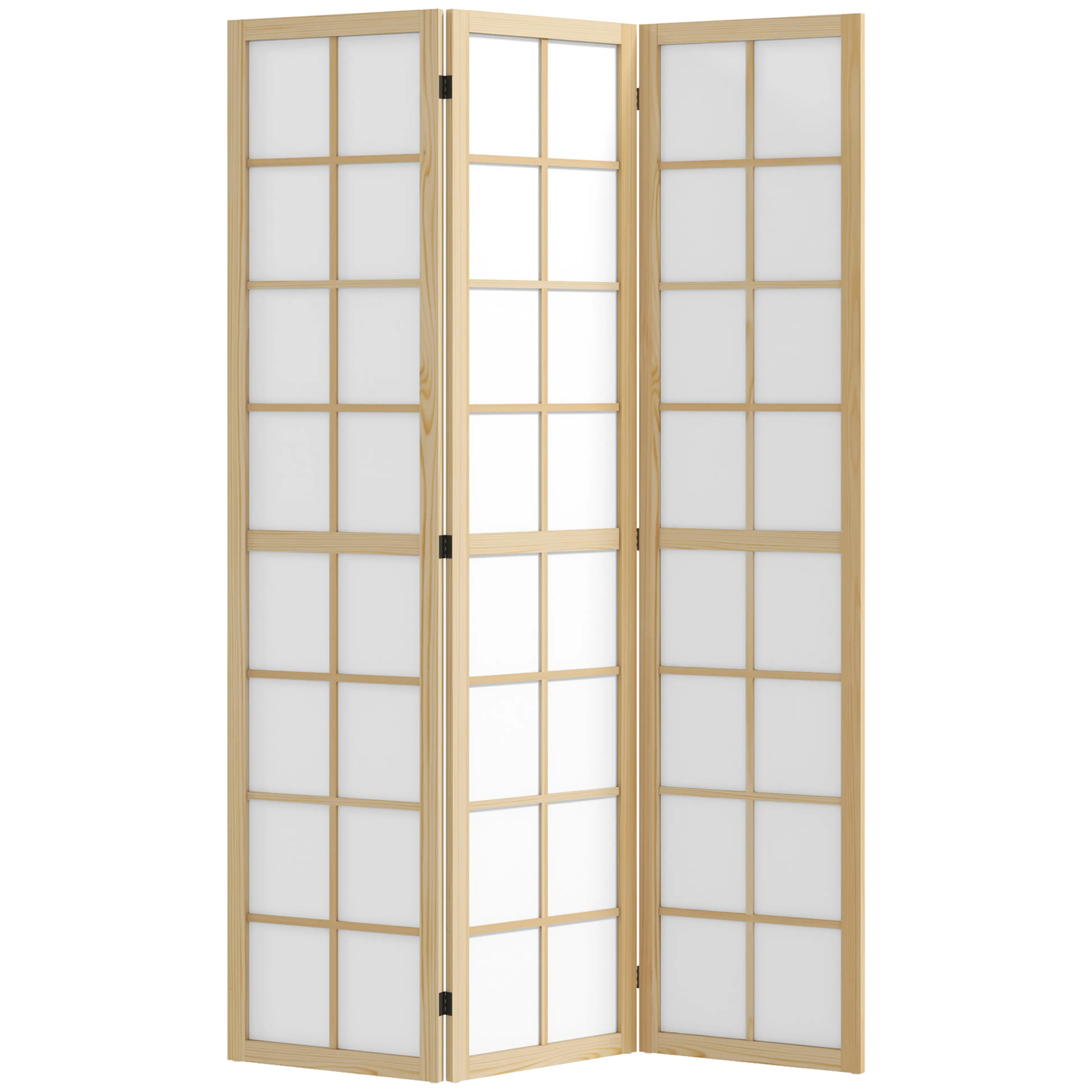 Rumsavdelare 120 × 170 cm – 3 paneler med fururam och vit tygfyllning