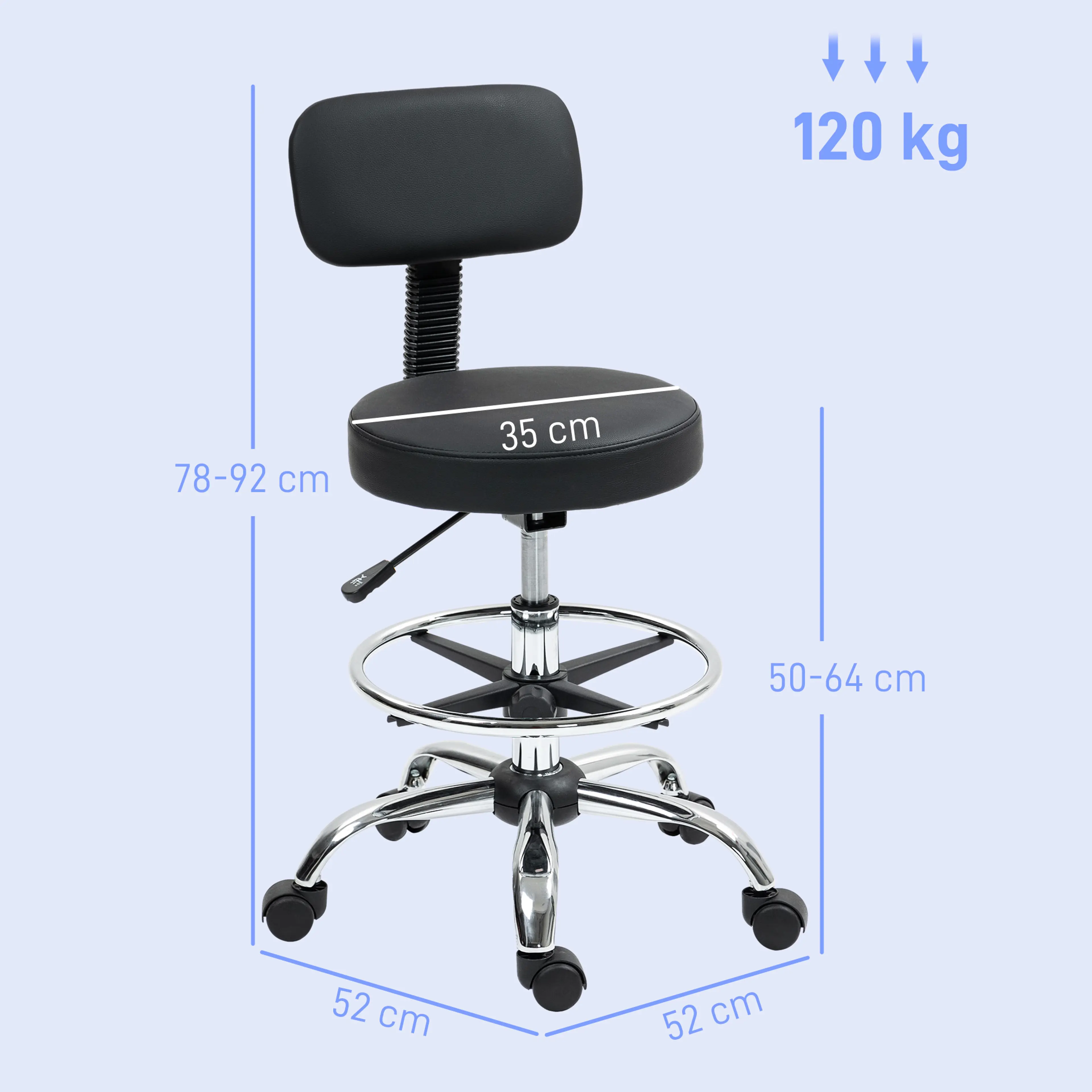 Måttritning med sits Ø35 cm, höjd 78–92 cm, sitthöjd 50–64 cm och maxlast 120 kg