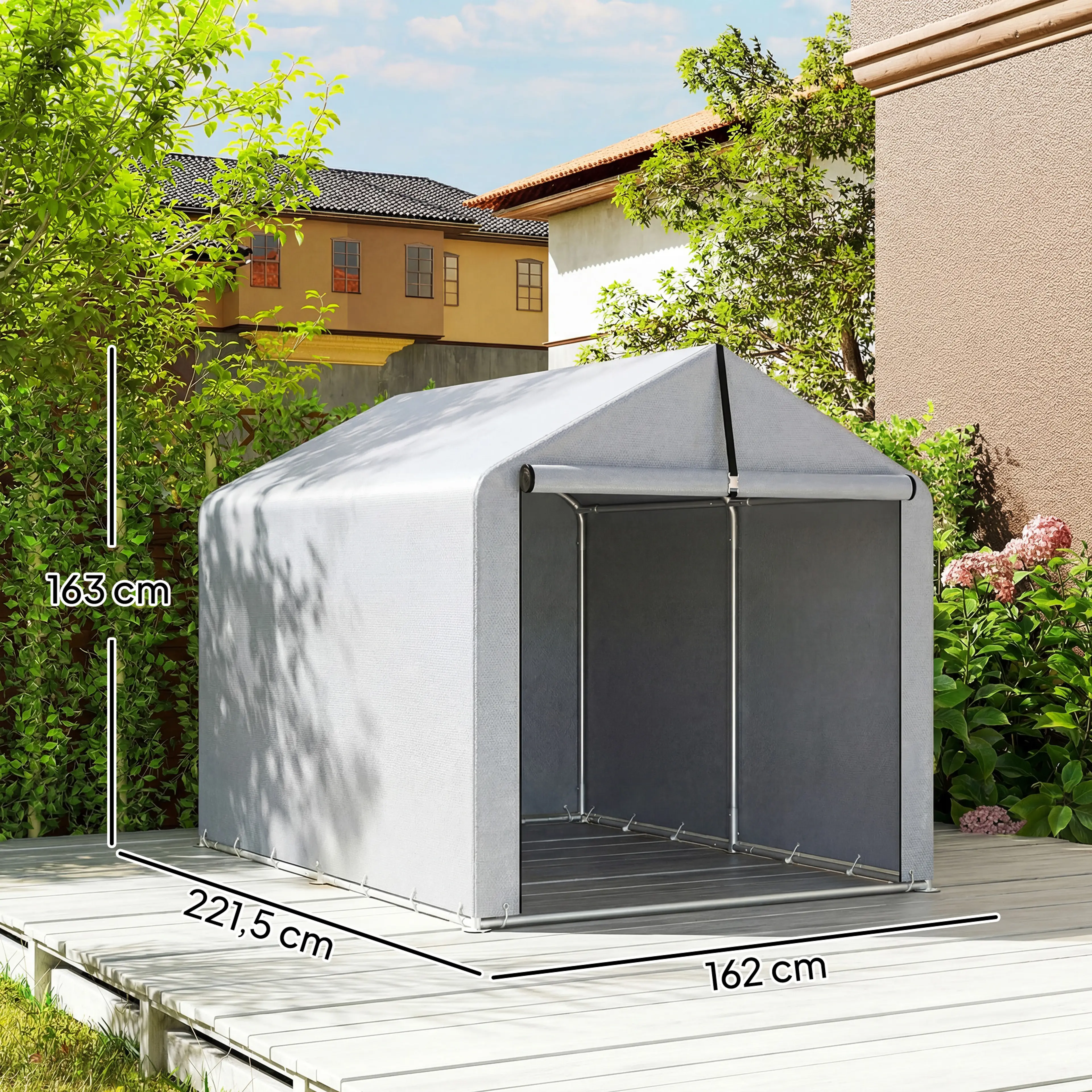 Måttritning för ljusgrått garagetält: 162 × 221,5 cm och 163 cm i nock