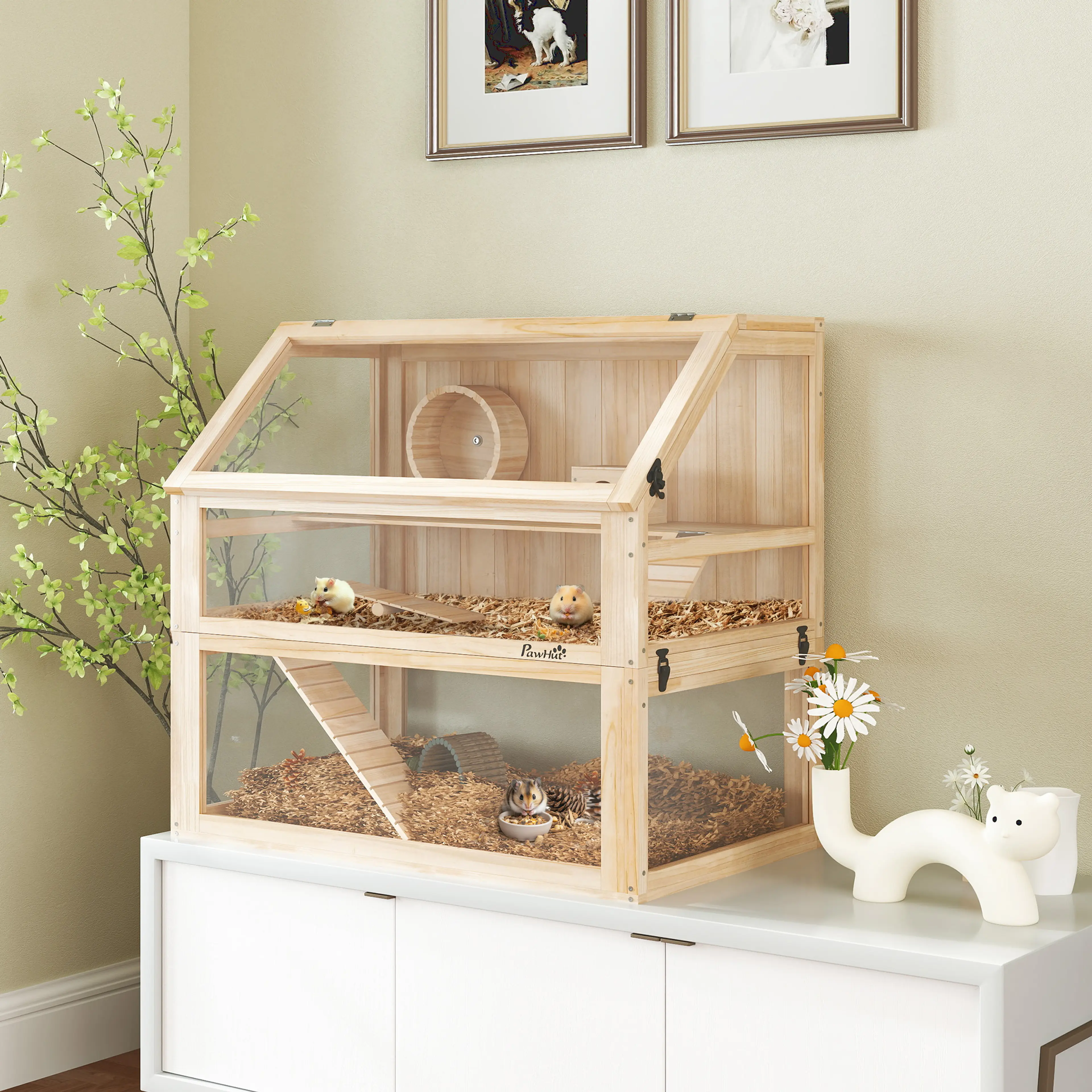 Hamsterbur i trä med 31 cm djup bädd och tre plan, naturfärg – bild 2