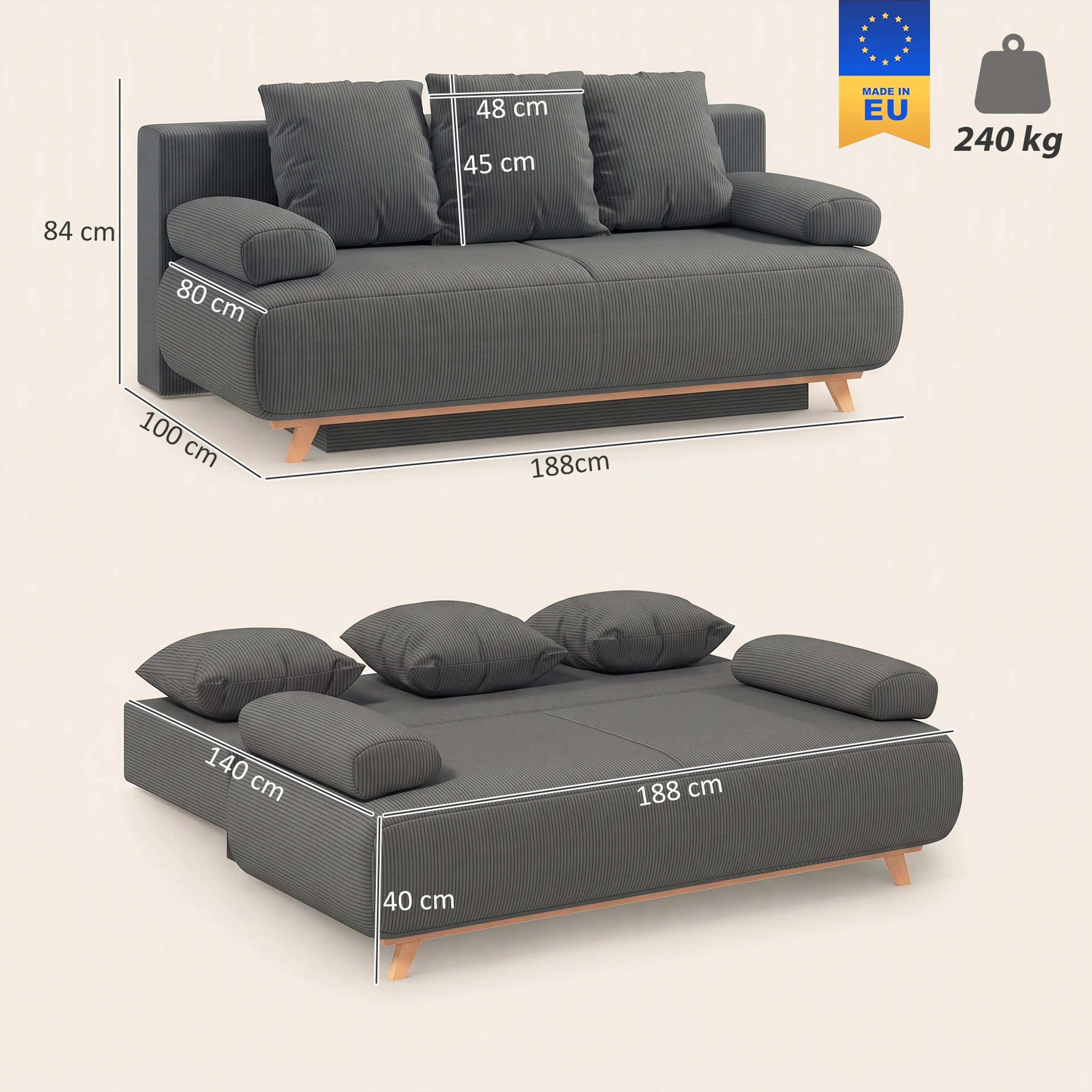Måttritning: soffa 188 × 100 × 84 cm och bädd 188 × 140 cm