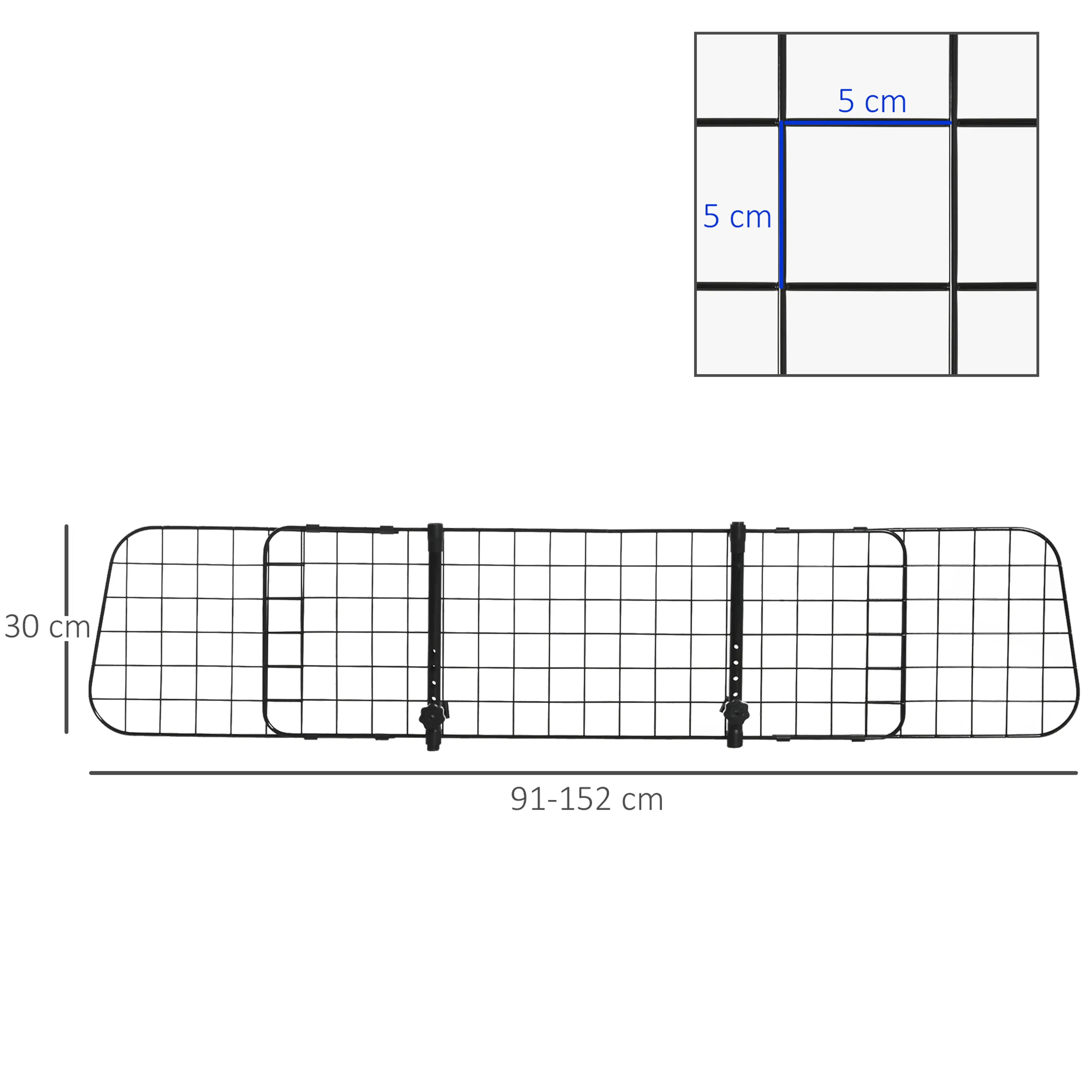 Måttskiss på hundgallret: 91–152 cm brett, 30 cm högt och maskor på 5 × 5 cm