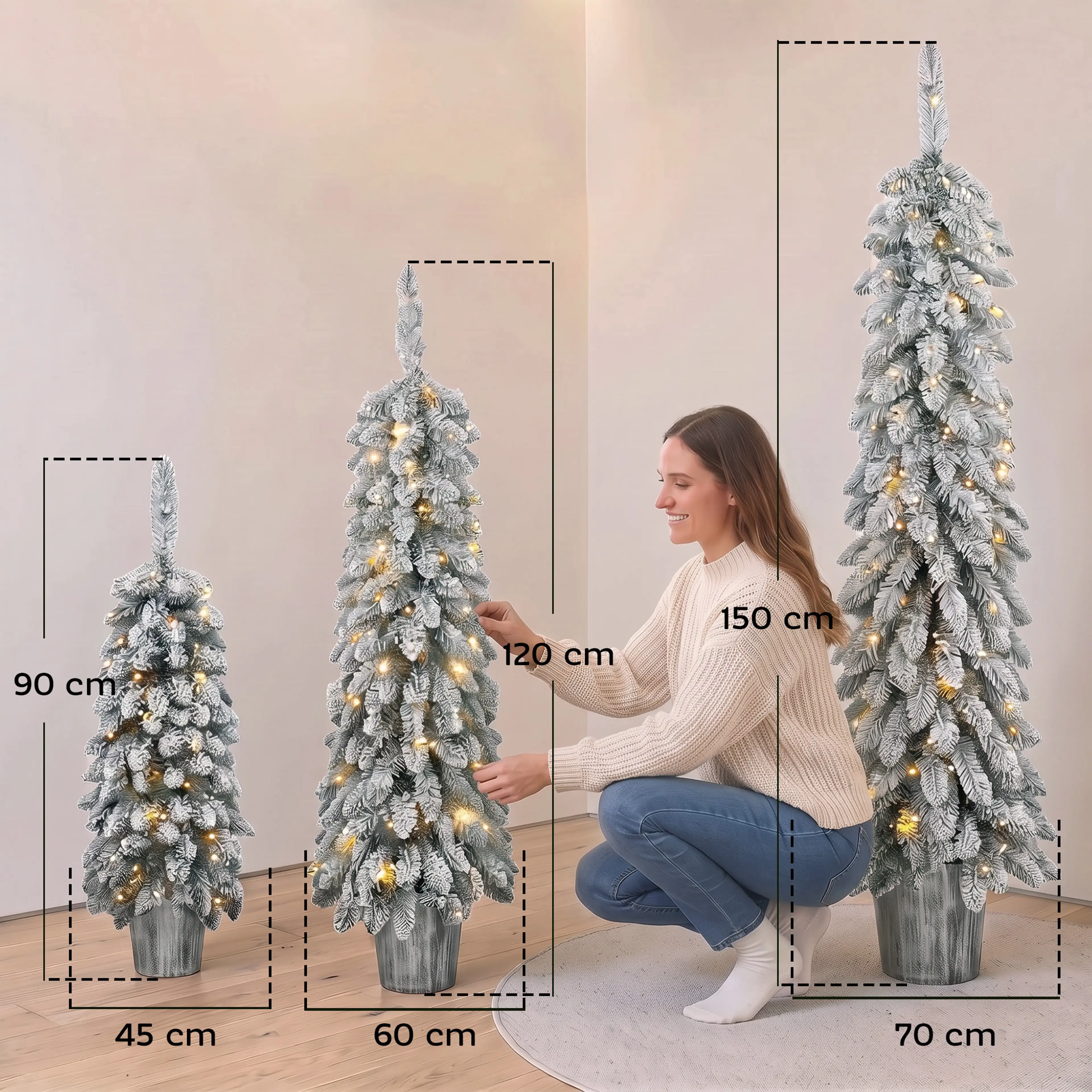 Måttbild: granarna är 90, 120 och 150 cm höga och Ø45, Ø60 och Ø70 cm