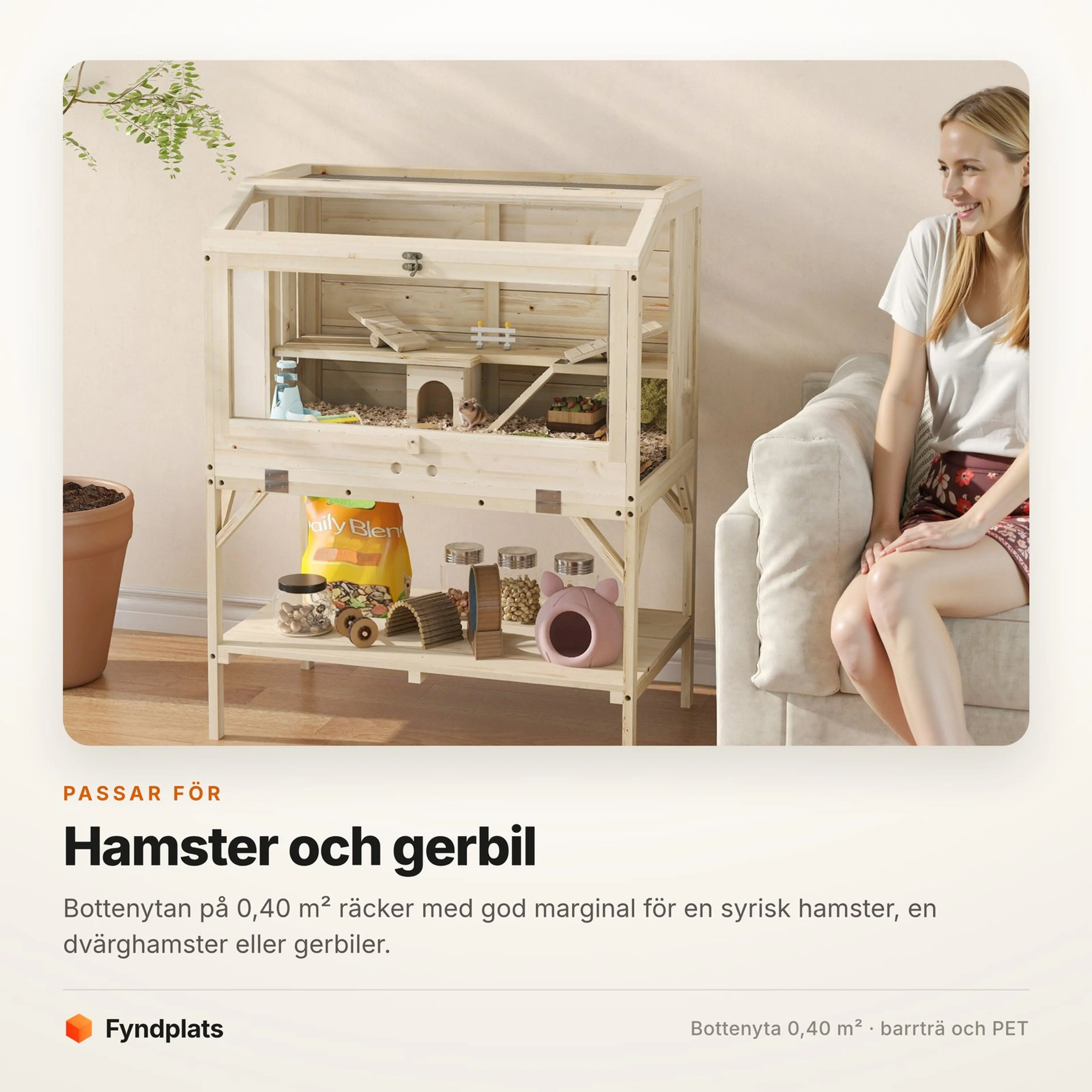 Hamsterbur i trä med förvaringshylla, 84 × 53 × 110 cm – bild 4