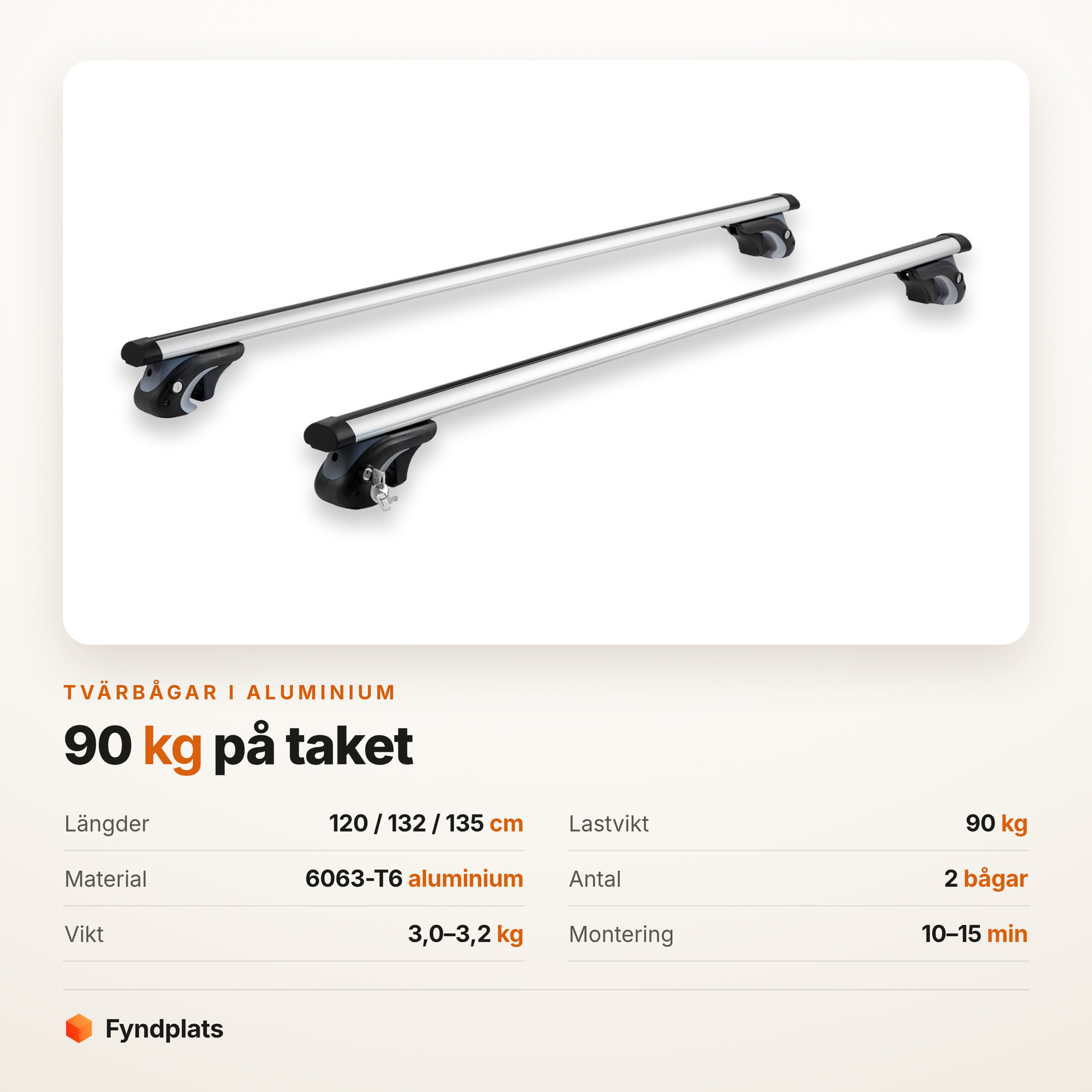 Specifikationer: 90 kg last, längder 120 / 132 / 135 cm, 6063-T6-aluminium och 10–15 minuters montering
