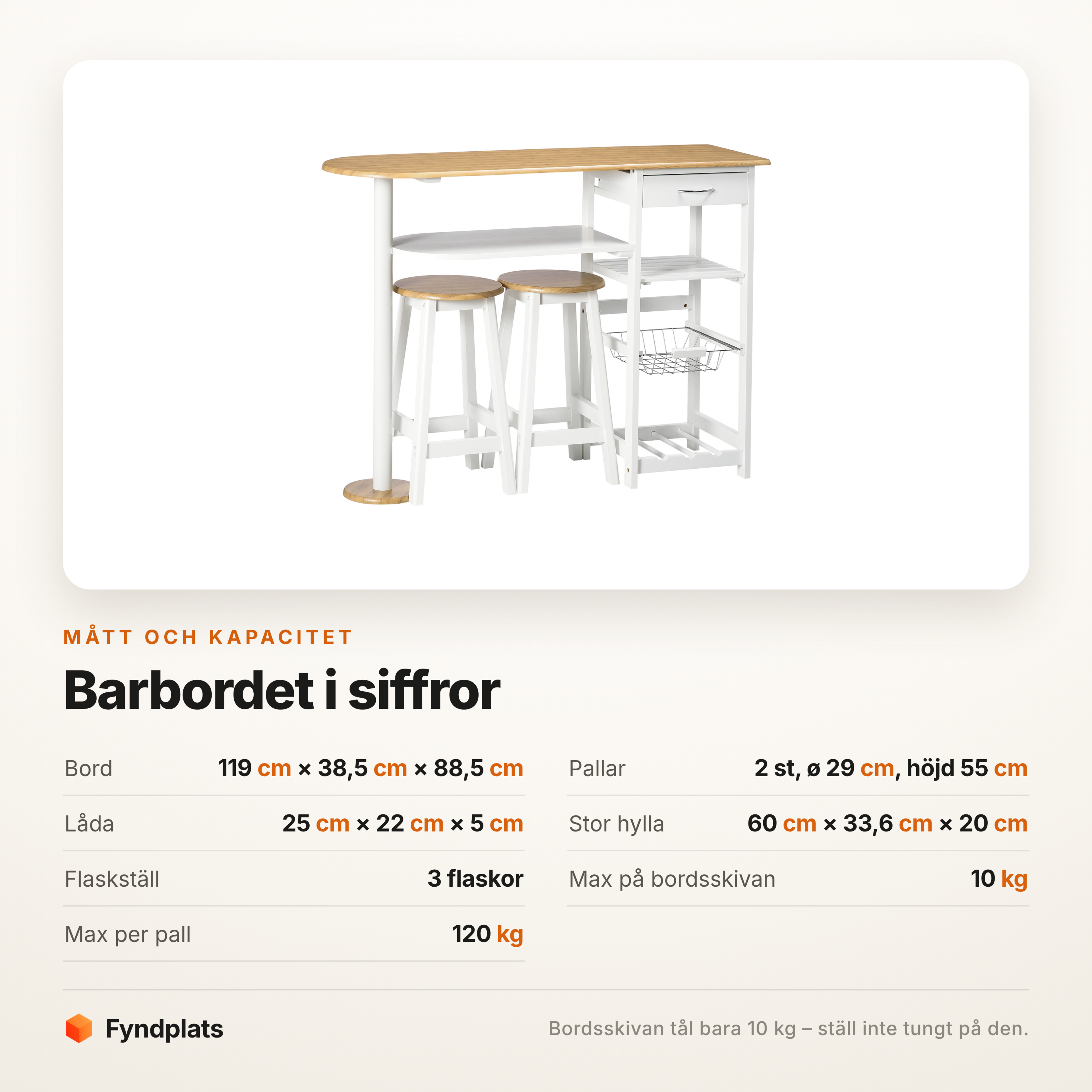 Specifikationstabell för barbordet: mått, hyllor, flaskställ och belastning