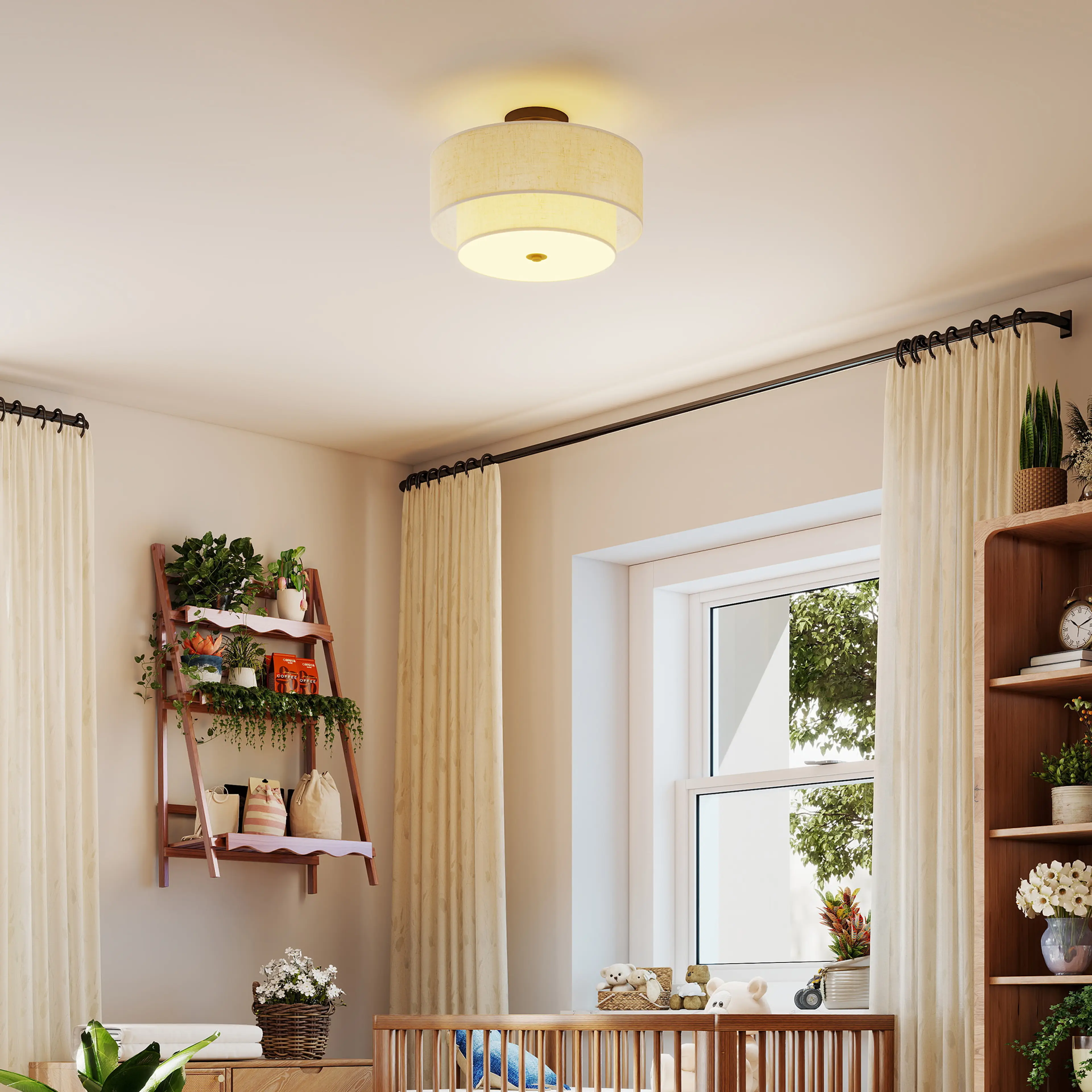 Taklampa med dubbel linneskärm Ø40 cm – tre E14, krämvit och svart – bild 6