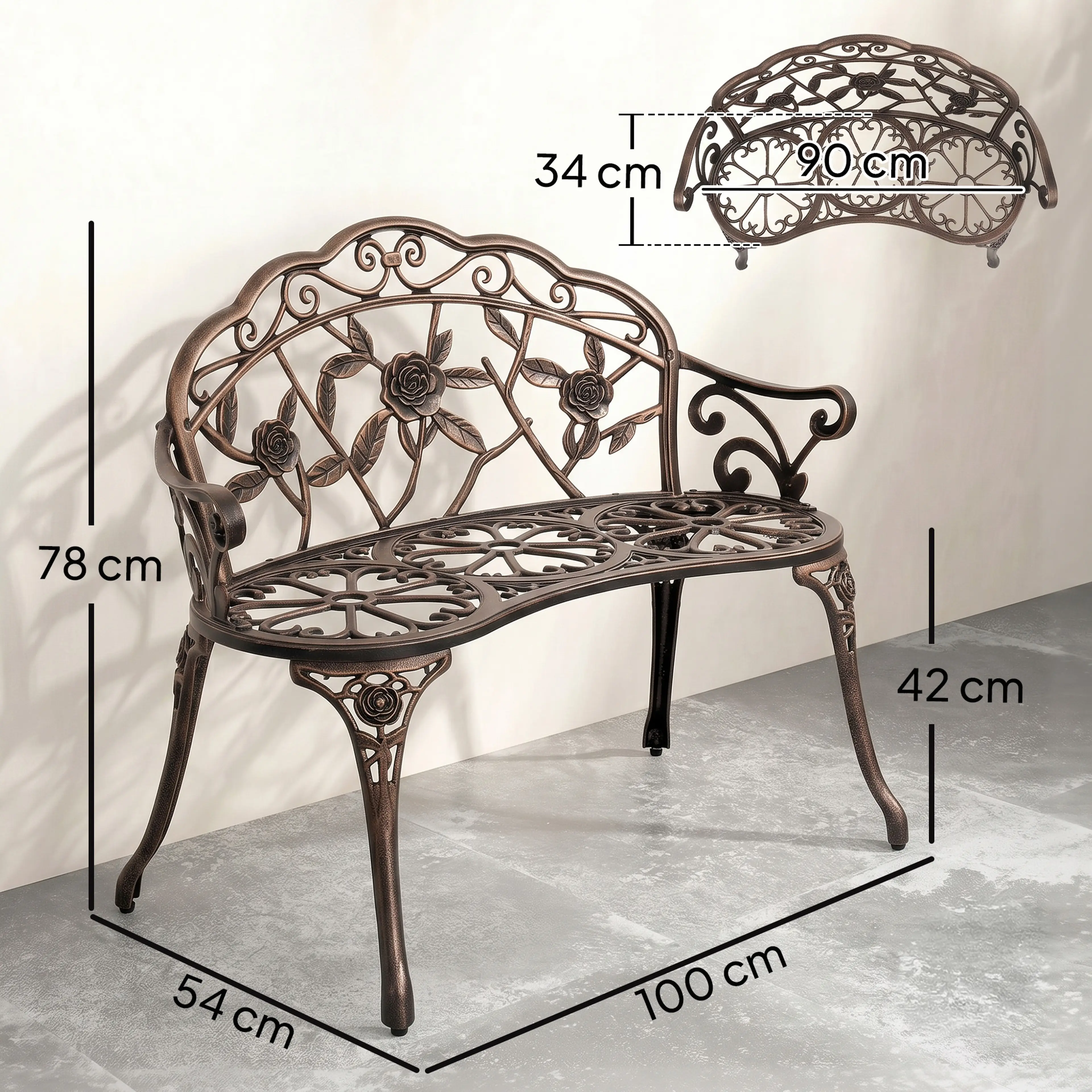 Måttskiss: 100 cm lång, 54 cm djup, 78 cm hög, sittyta 90 × 34 cm och sitthöjd 42 cm