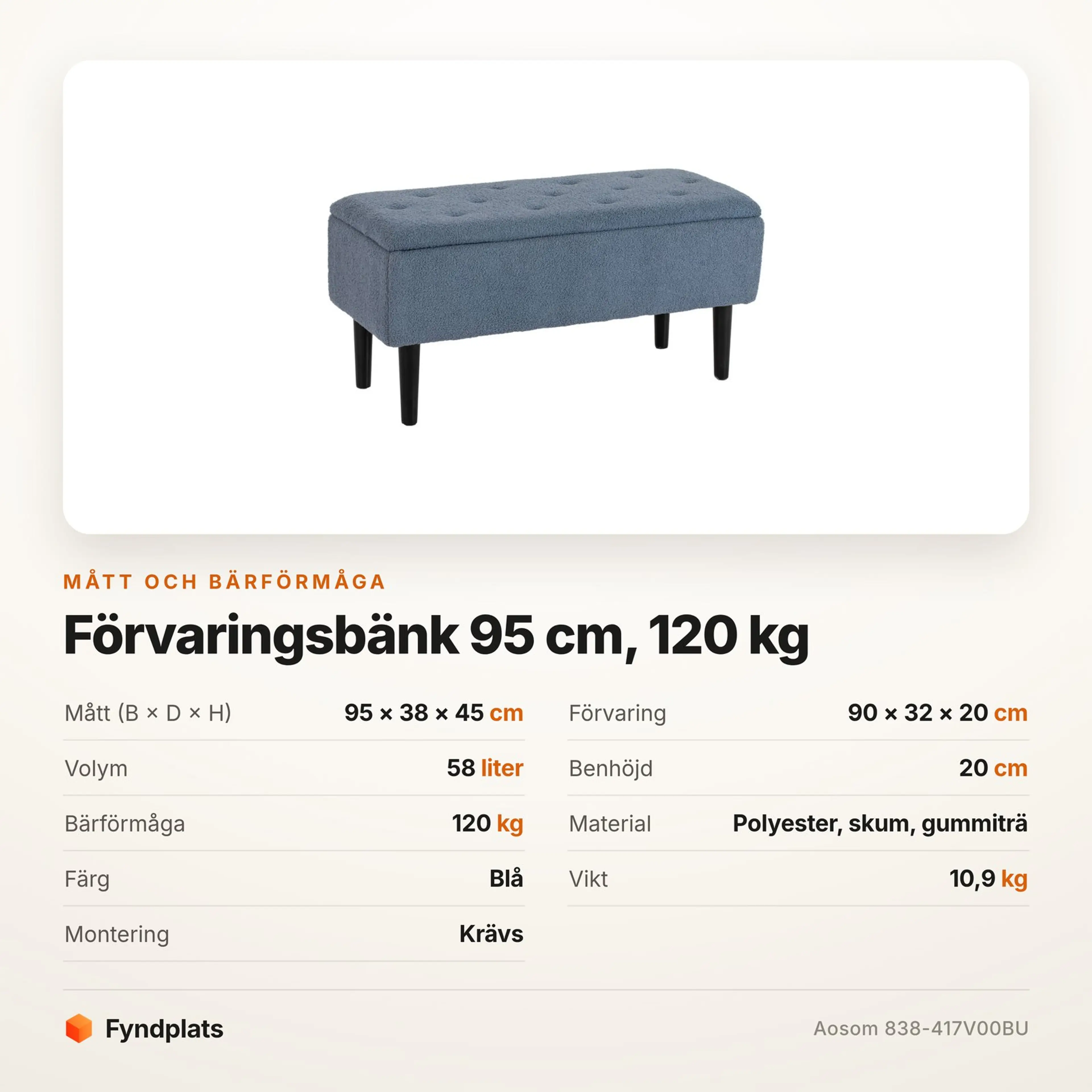 Fyndplats specifikationskort för förvaringsbänken med mått och bärförmåga