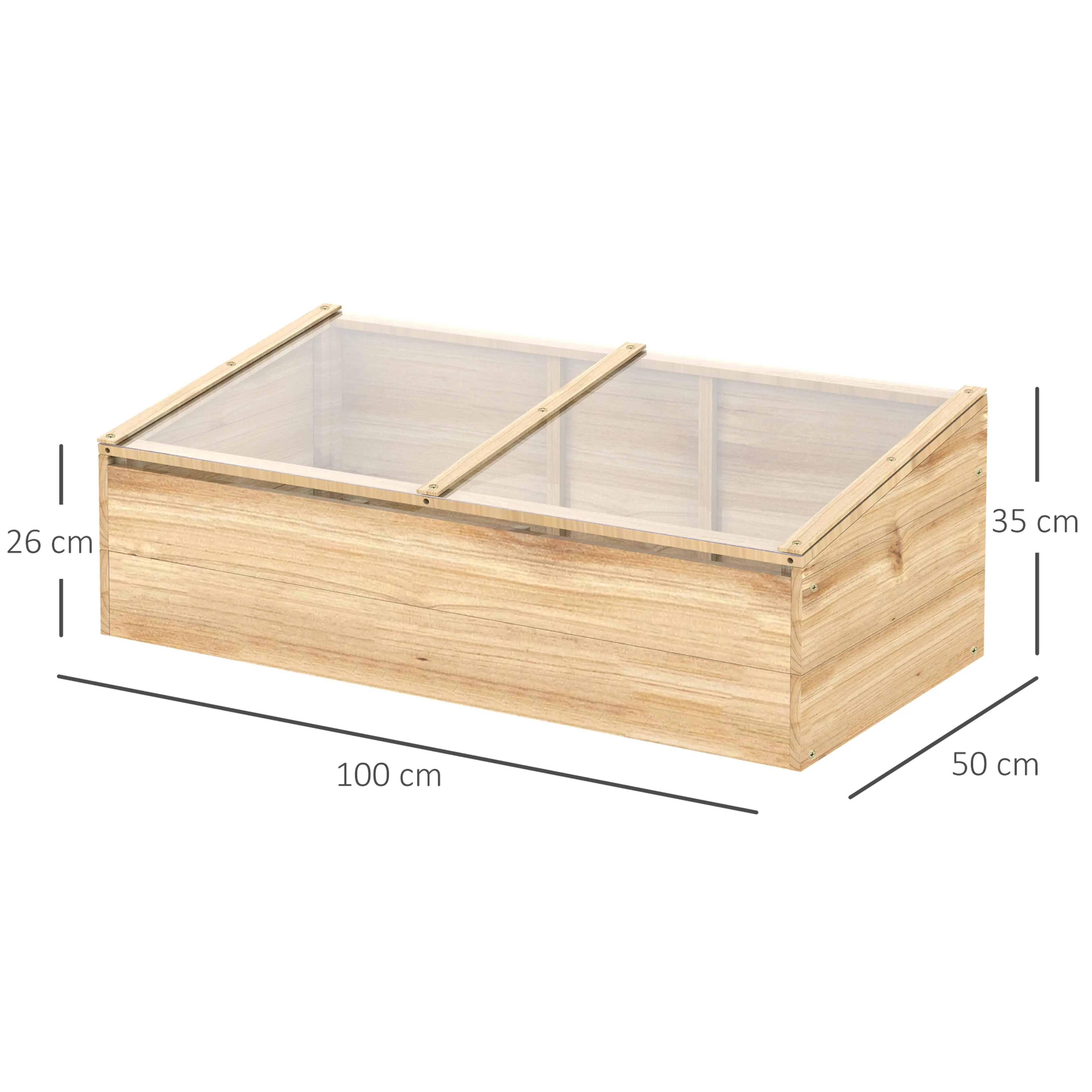Måttritning av drivbänken: 100 × 50 cm, höjd 35 cm bak och 26 cm fram