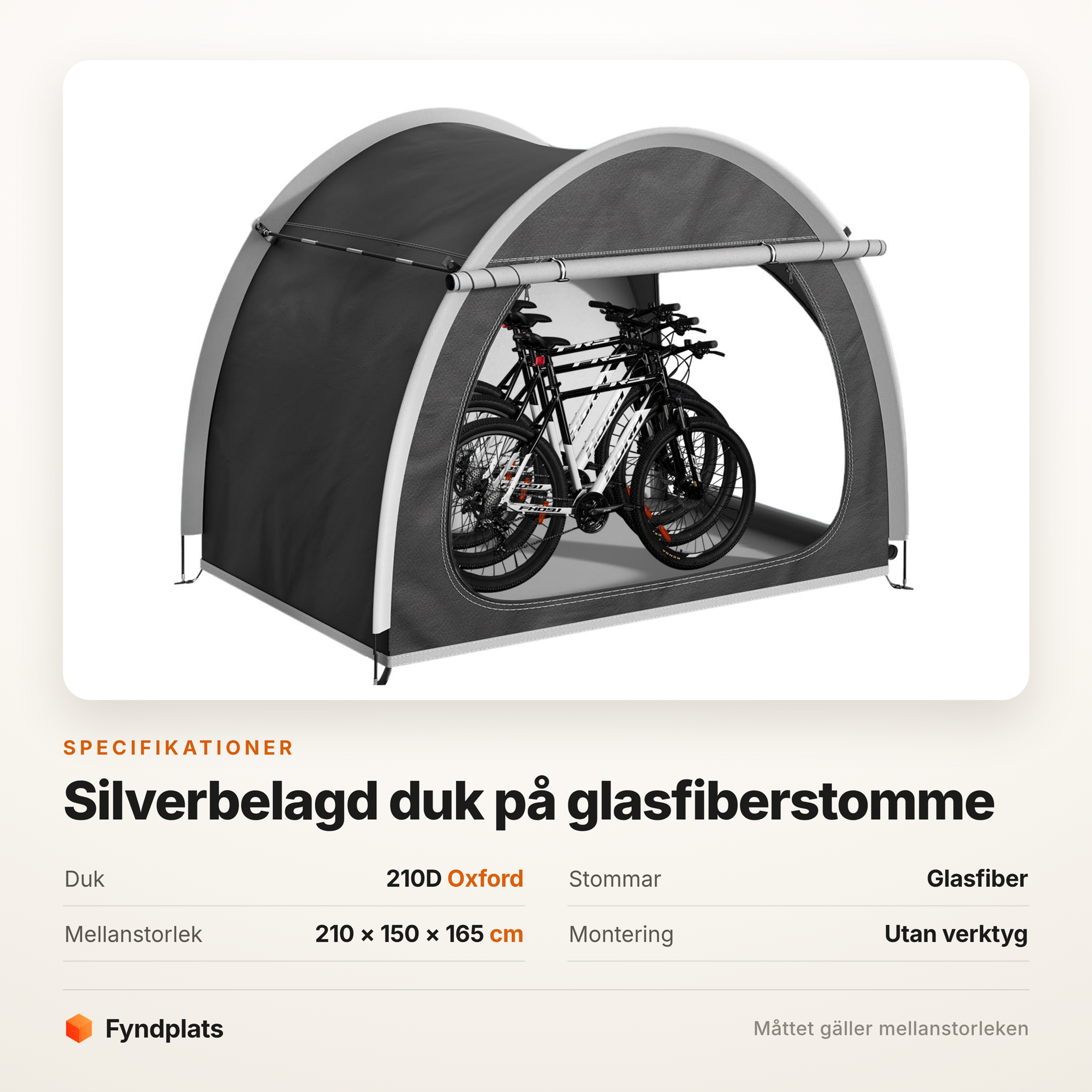 Specifikationer: 210D Oxford, glasfiberstommar, 210 × 150 × 165 cm