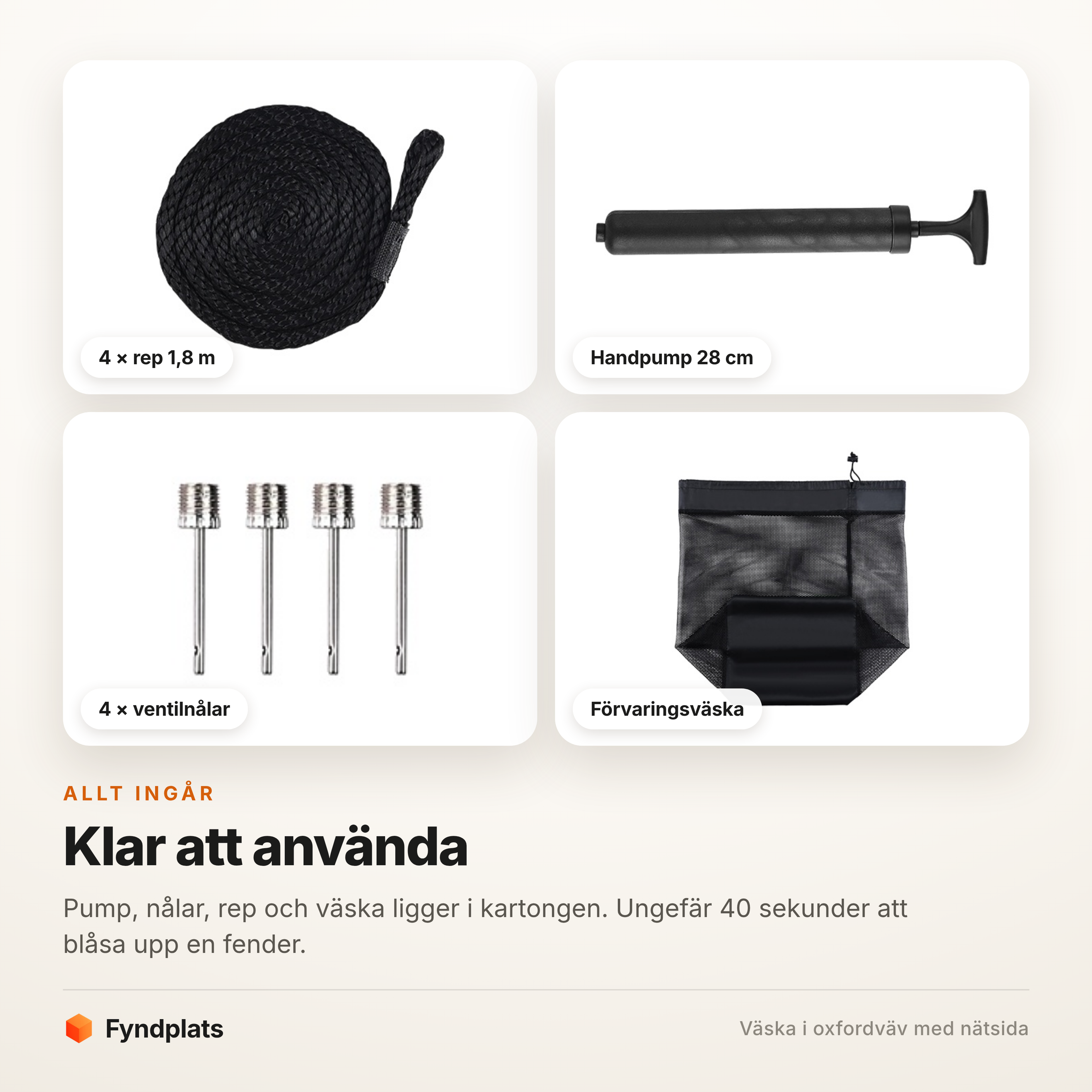Tillbehör till båtfender – fyra rep, handpump, fyra ventilnålar och förvaringsväska