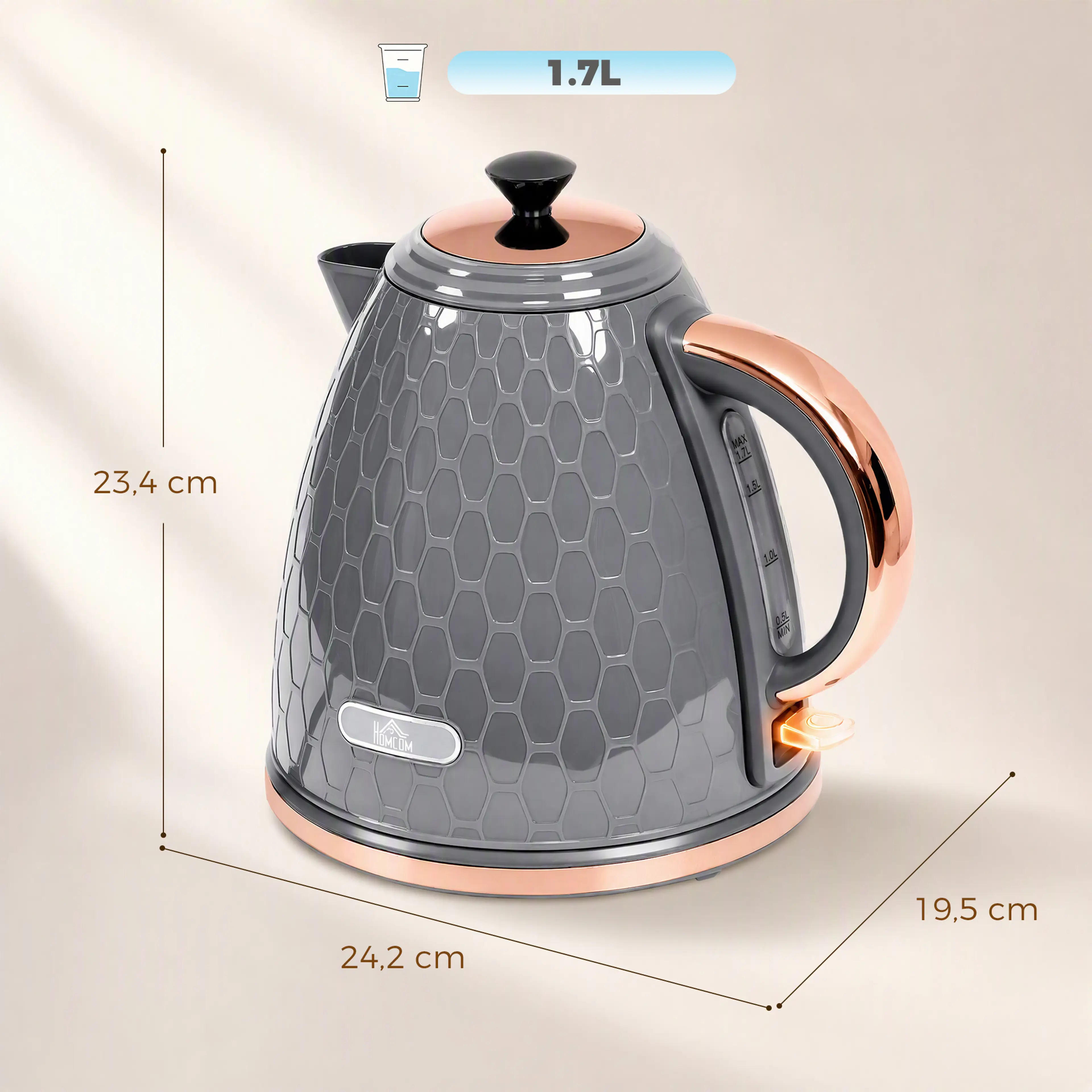 Måttskiss över vattenkokaren: 24,2 cm bred, 19,5 cm djup och 23,4 cm hög