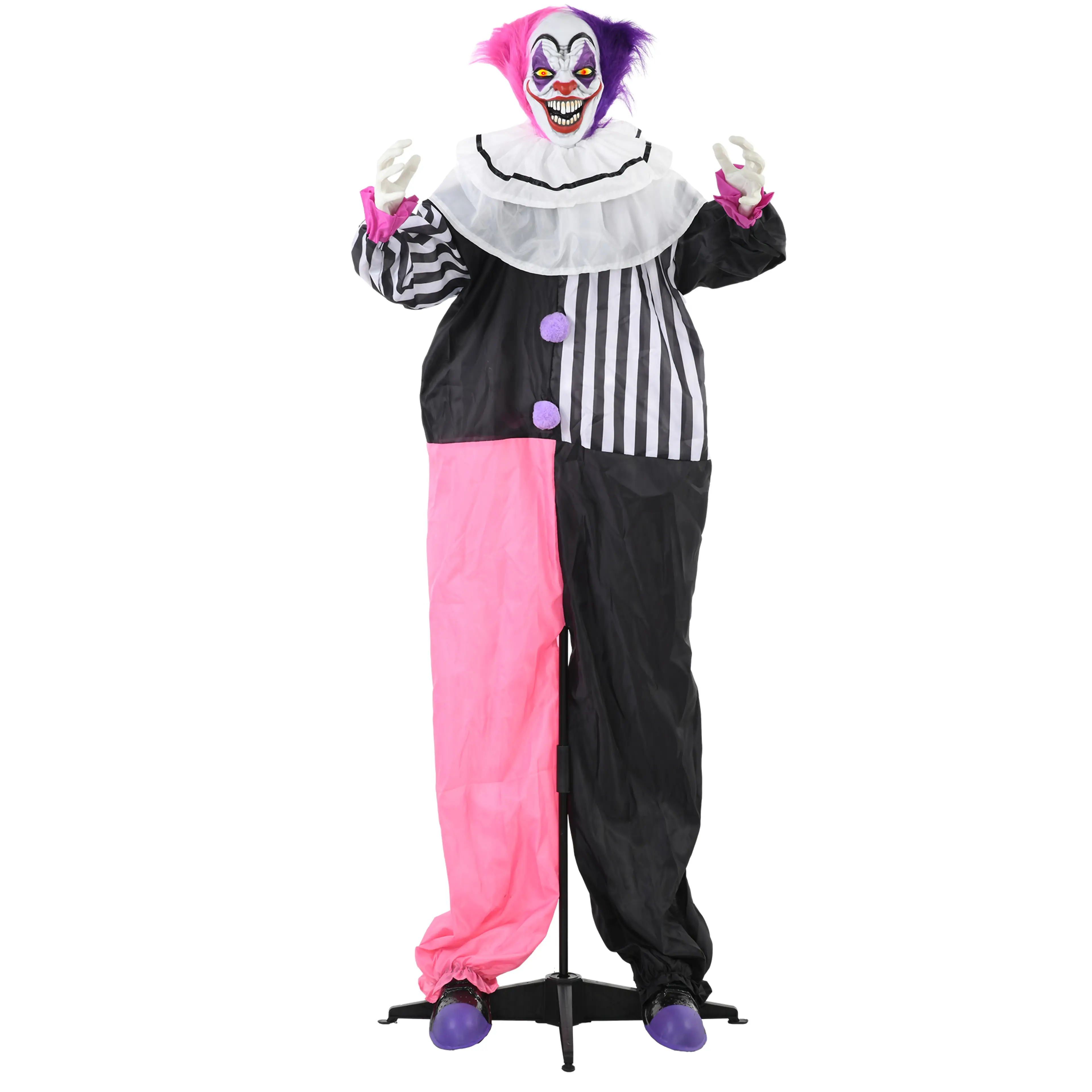 Läskig clown 173 cm i randig dräkt med rosa byxor