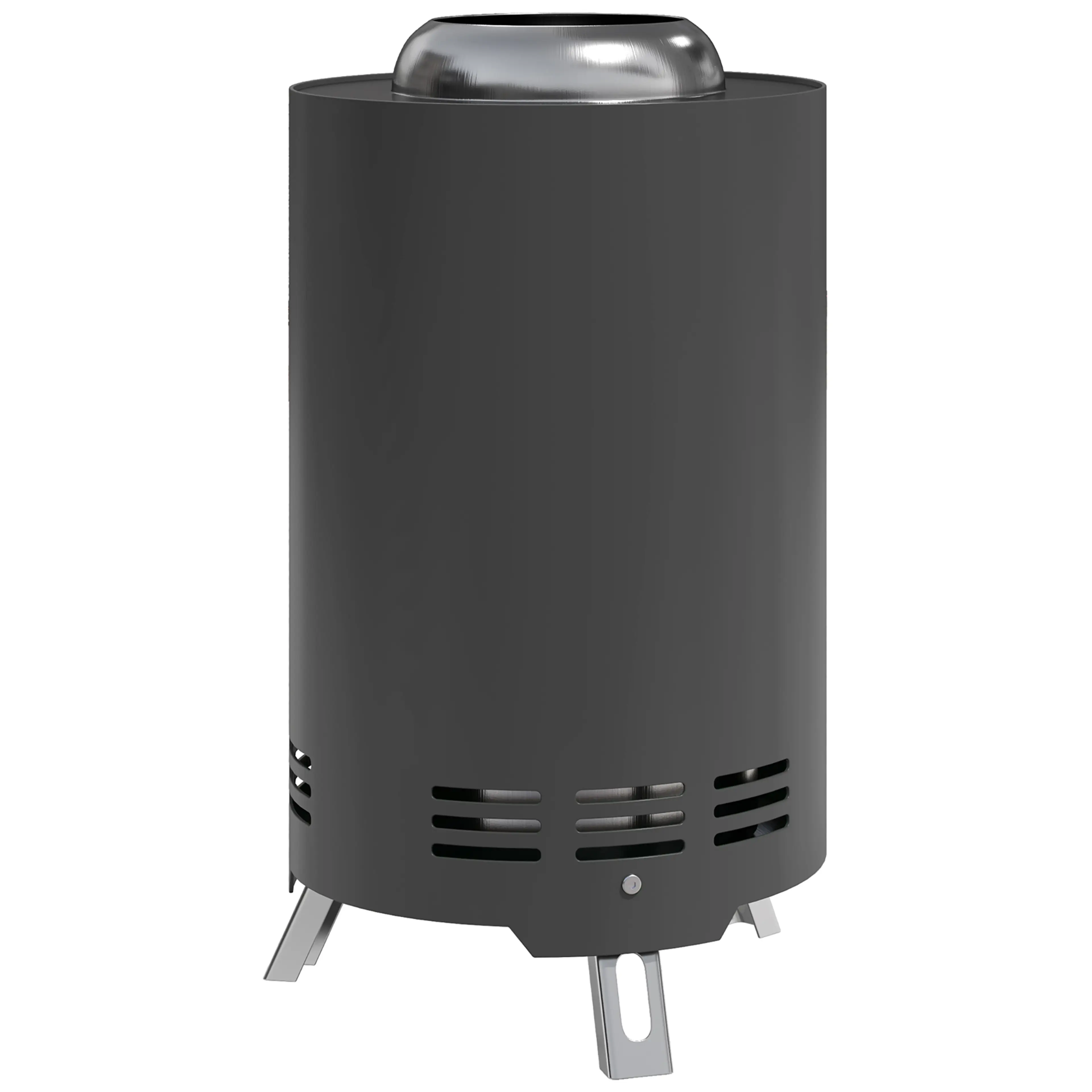 Liten grå eldstad formad som en cylinder, med insats i rostfritt stål, på vit bakgrund