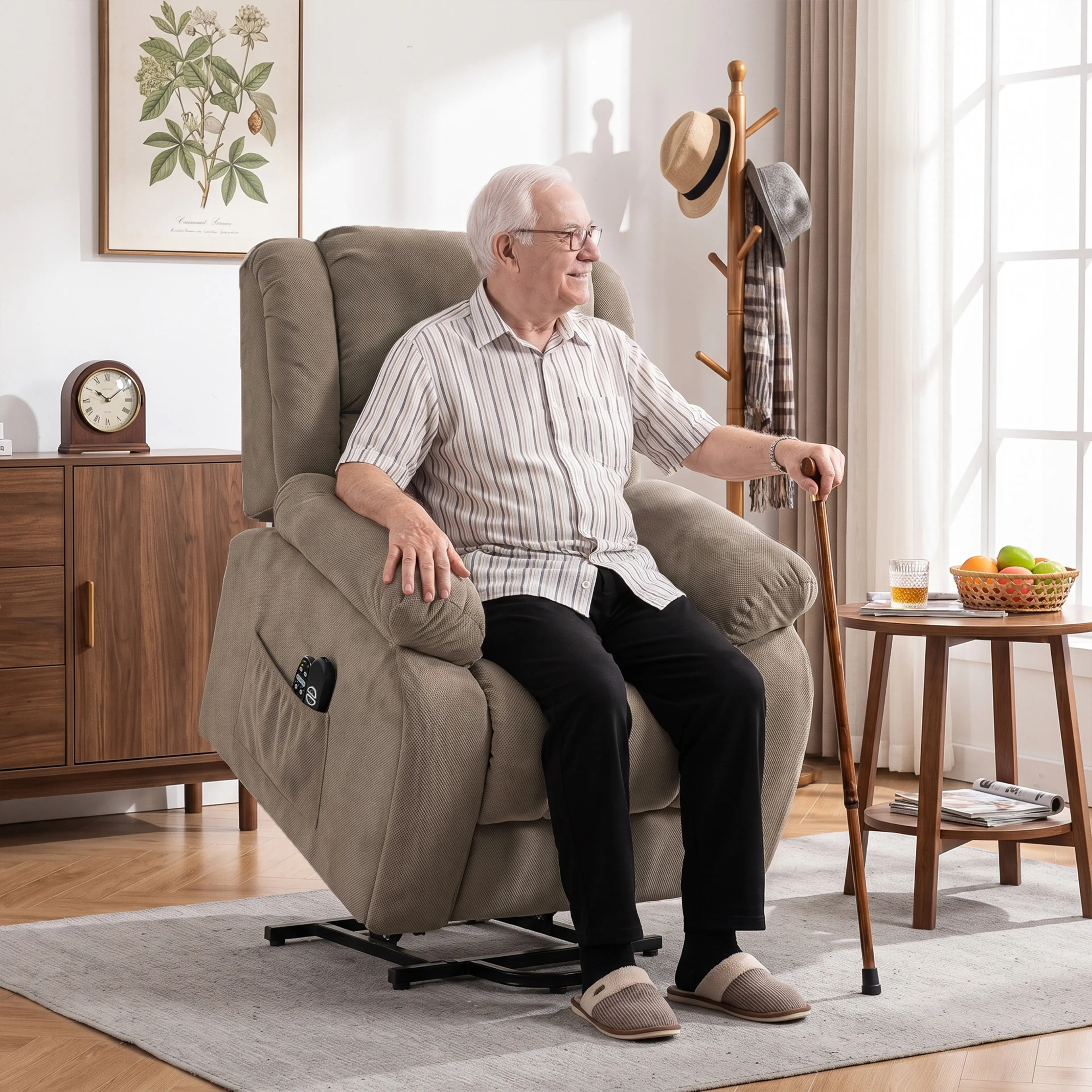 En äldre man med käpp sitter i fåtöljen i ett ljust vardagsrum