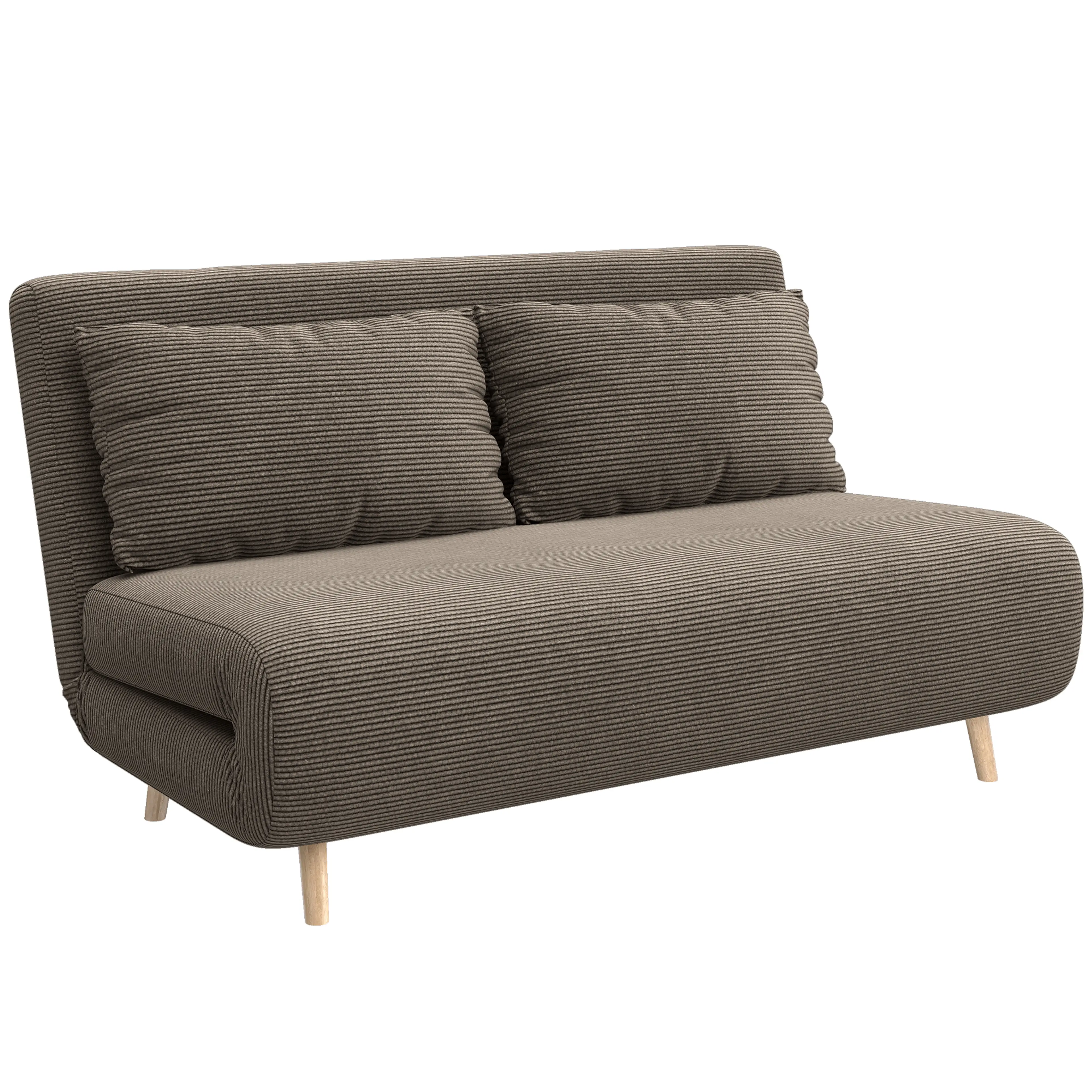 Bäddsoffa i gråbrun kordlook med ben i bokträ, 141 cm bred