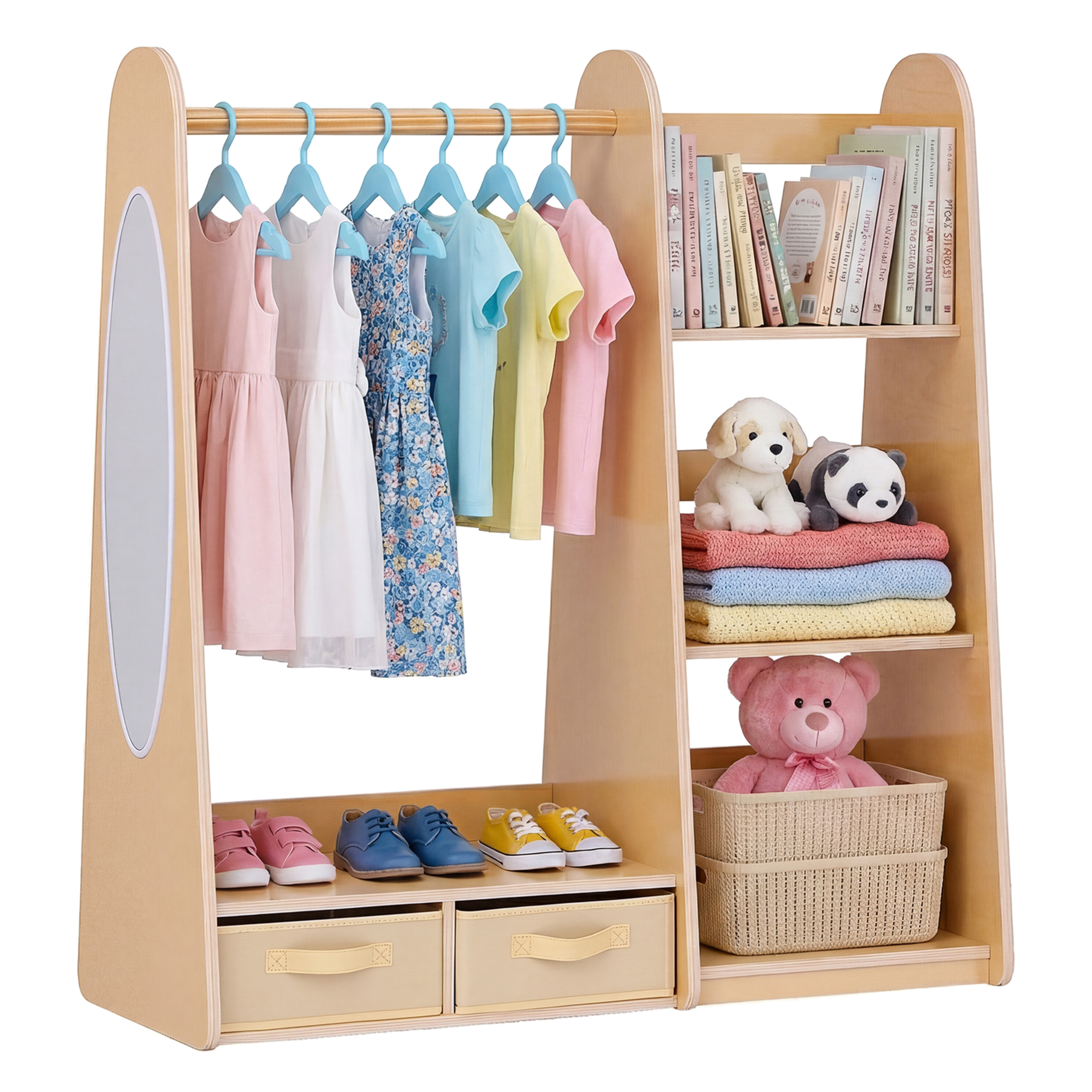 Barngarderob i trä med spegel, bokhylla & lådor – Montessori, 98 cm